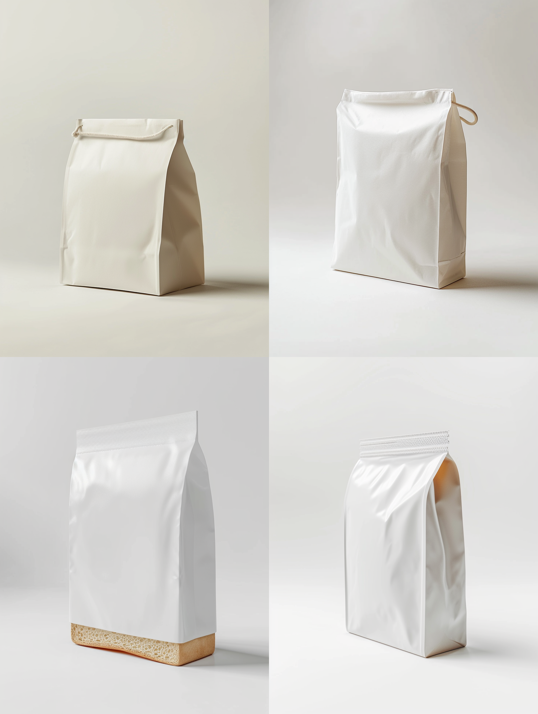 吐司包装袋子，简约，白色背景，正面展示，平面构图，无阴影，细节清晰，纯白色调，轻盈感，现代风格。