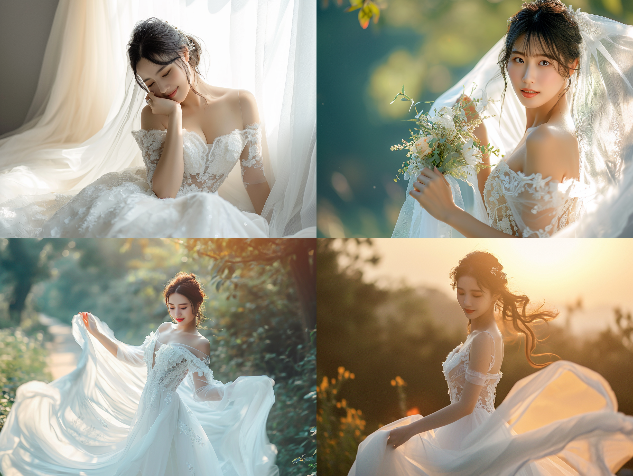 美丽的中国新娘穿着白色婚纱，日本摄影风格，俏皮，happycore，异想天开的色调，自然光，全身拍摄，8k uhd 全身 暖光
