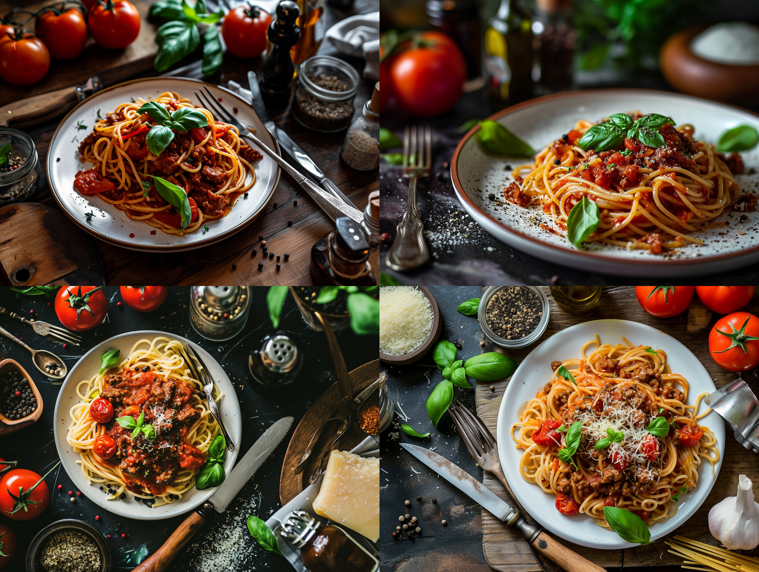 真实场景，微距特写，深色的桌子，白色的圆盘中有番茄牛肉意大利面点缀着罗勒，周围还有食材，黑胡椒调料瓶，刀叉 厨房 微距 重点照明