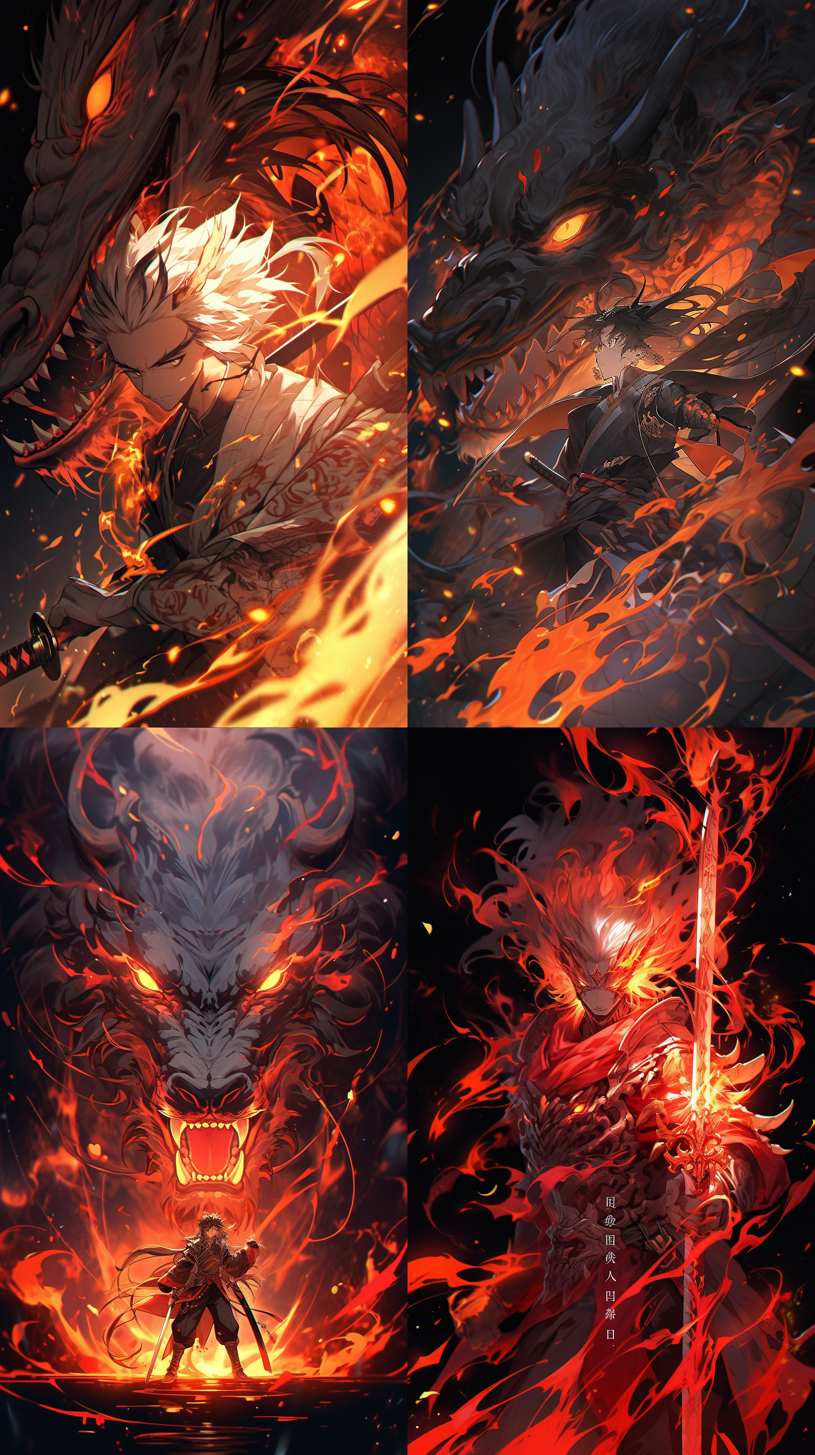 鬼灭之刃，中国龙，相结合，个人海报，帅气，动漫，黑色背景，俯拍，高饱和度，广角镜头，剑术动作，火焰特效，冷色调，决心，力量。