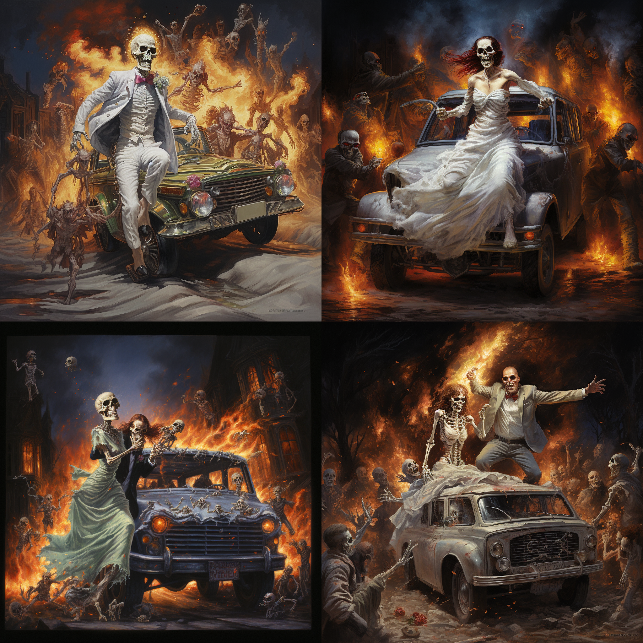 骷髅人开着悍马越野车载着一个穿着破烂婚纱新娘，后面喷着火焰，四周站满了围观的骷髅人，在一条赛道上奔跑，背景黑暗