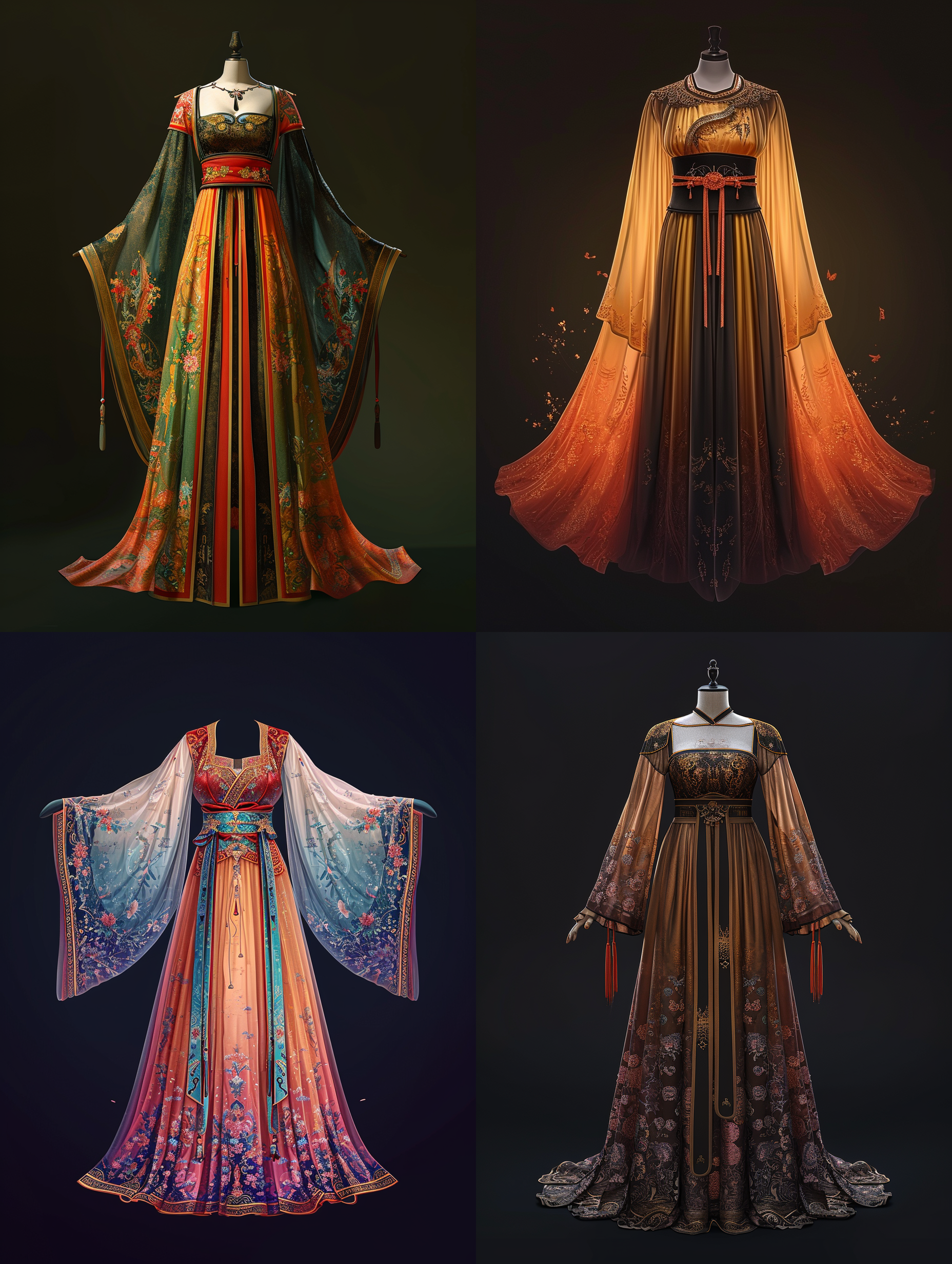 garment technical drawing,ancient china tang dynasty dress,studio,gradient dark background,front view,symmetric,rembrandt lighting,ulrta realistic