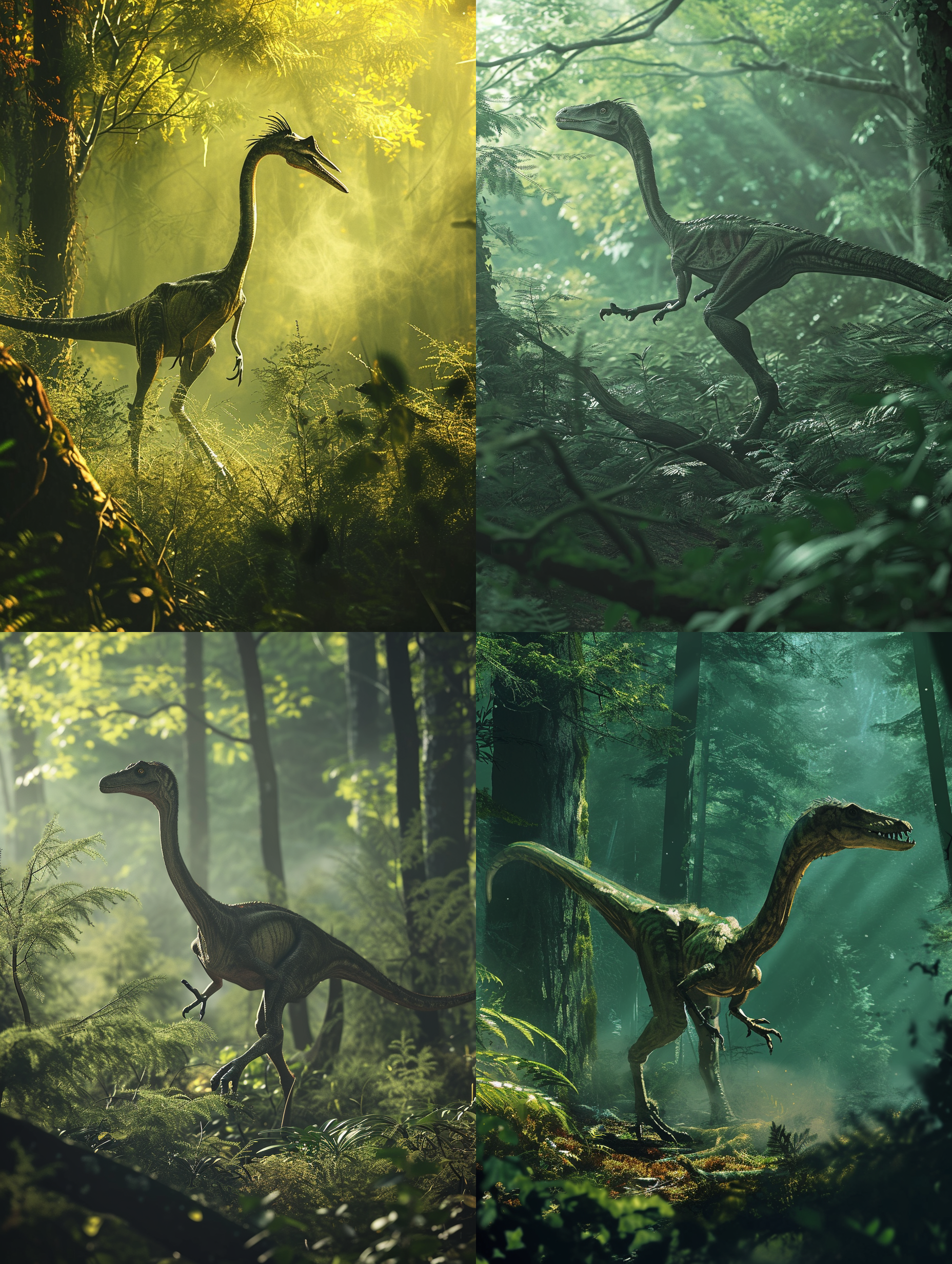 侏罗纪compsognathus，树林中，黄昏时分，狭长构图，绿色植被，迷雾弥漫，微逆光，暖色调，追逐行为，细长身形，恐龙，奇特。