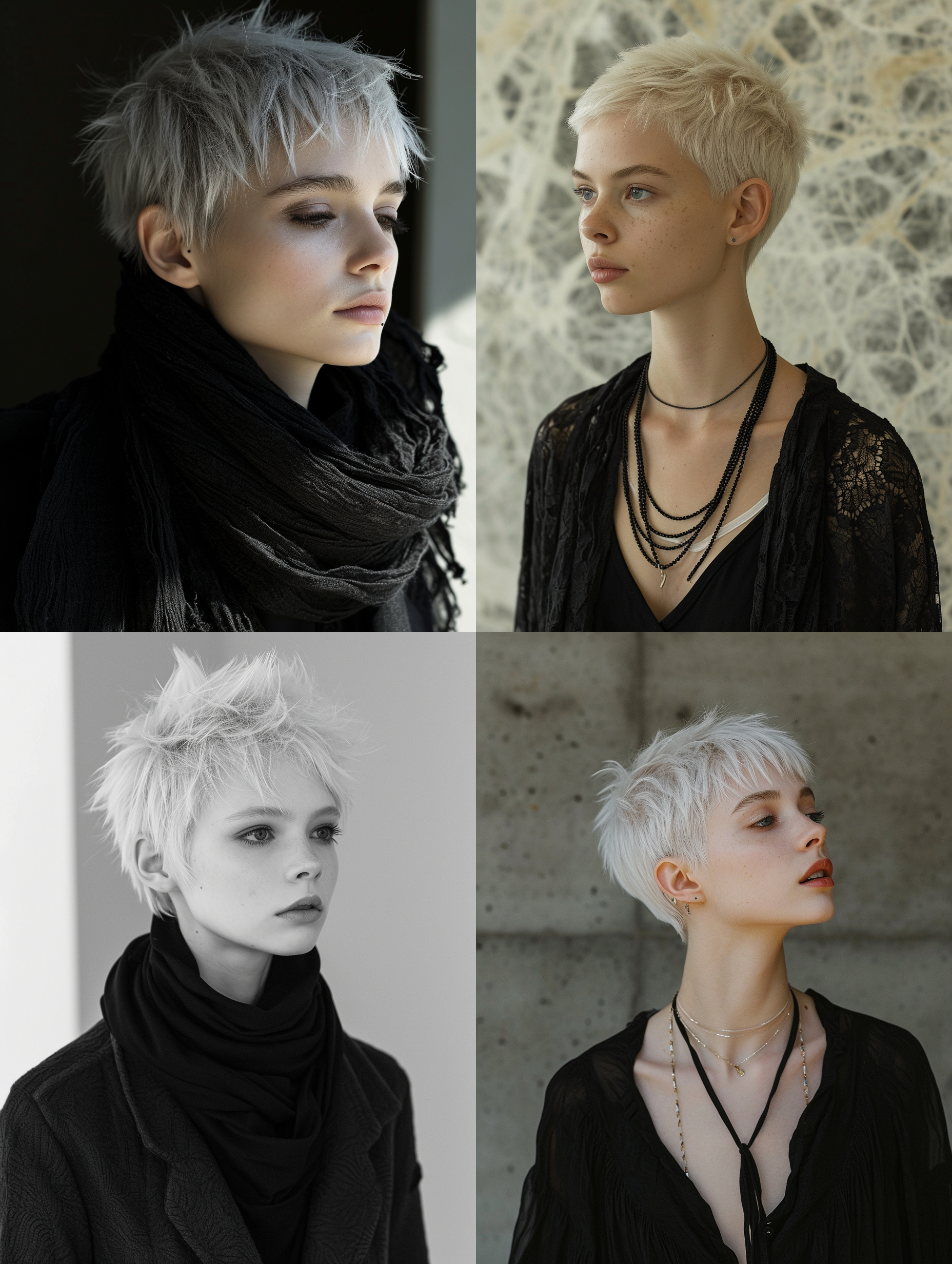 白色短发的女模特，优雅的妆容，黑灰色服饰，棉与丝绸服装，宽松，不规则的对称设计，强调线条和形状的美感，同时注重舒适性和实用性，追求简约，自然，朴素和内敛的风格，时装秀作品，摄影效果非常真实 腰部以上 侧身