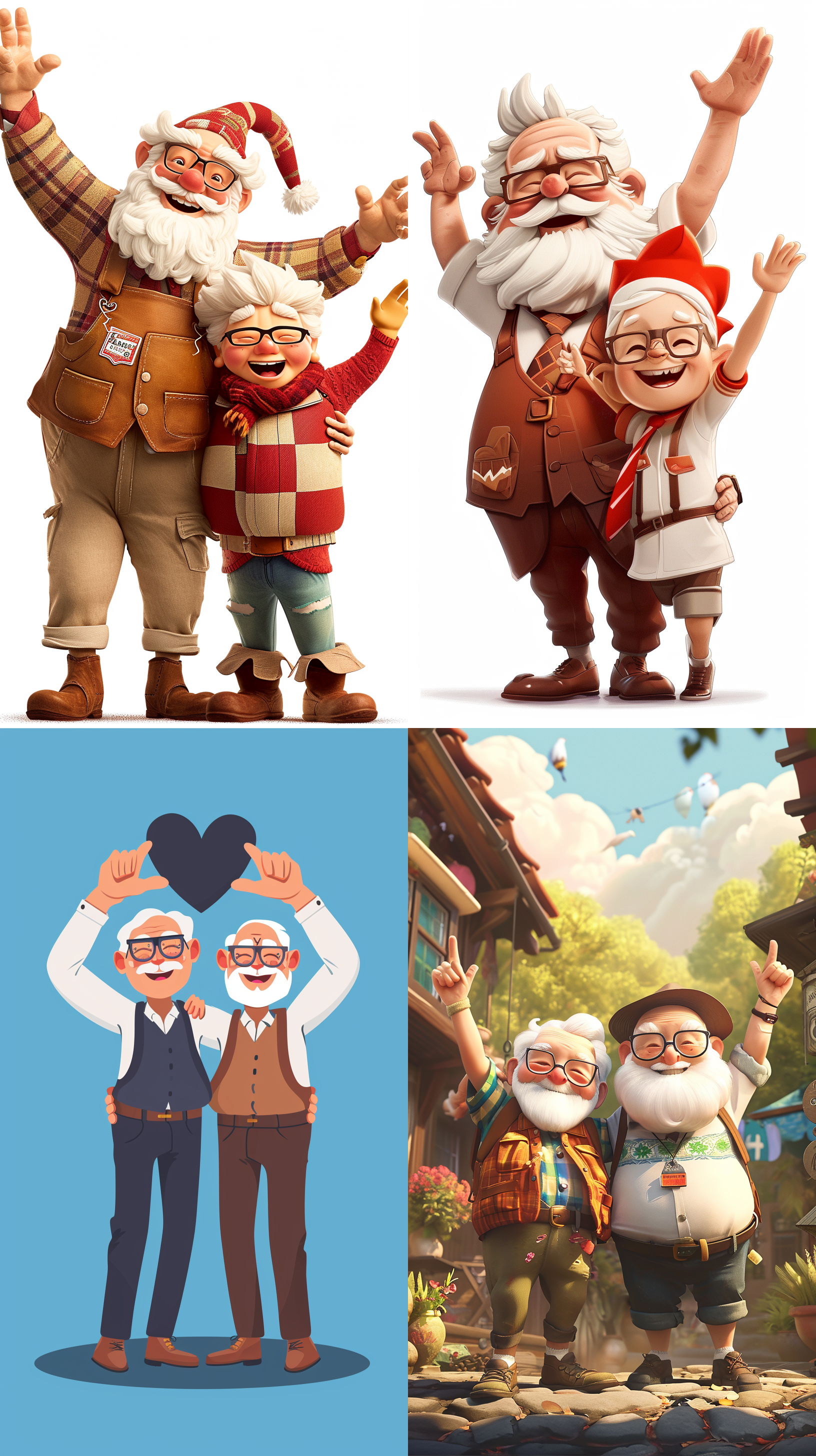 卡通图片，飞屋环游记的老爷爷，和肯德基老爷爷，在一起开心合影，两个人的手臂上举，形成一个爱心的形状，愉快，温暖