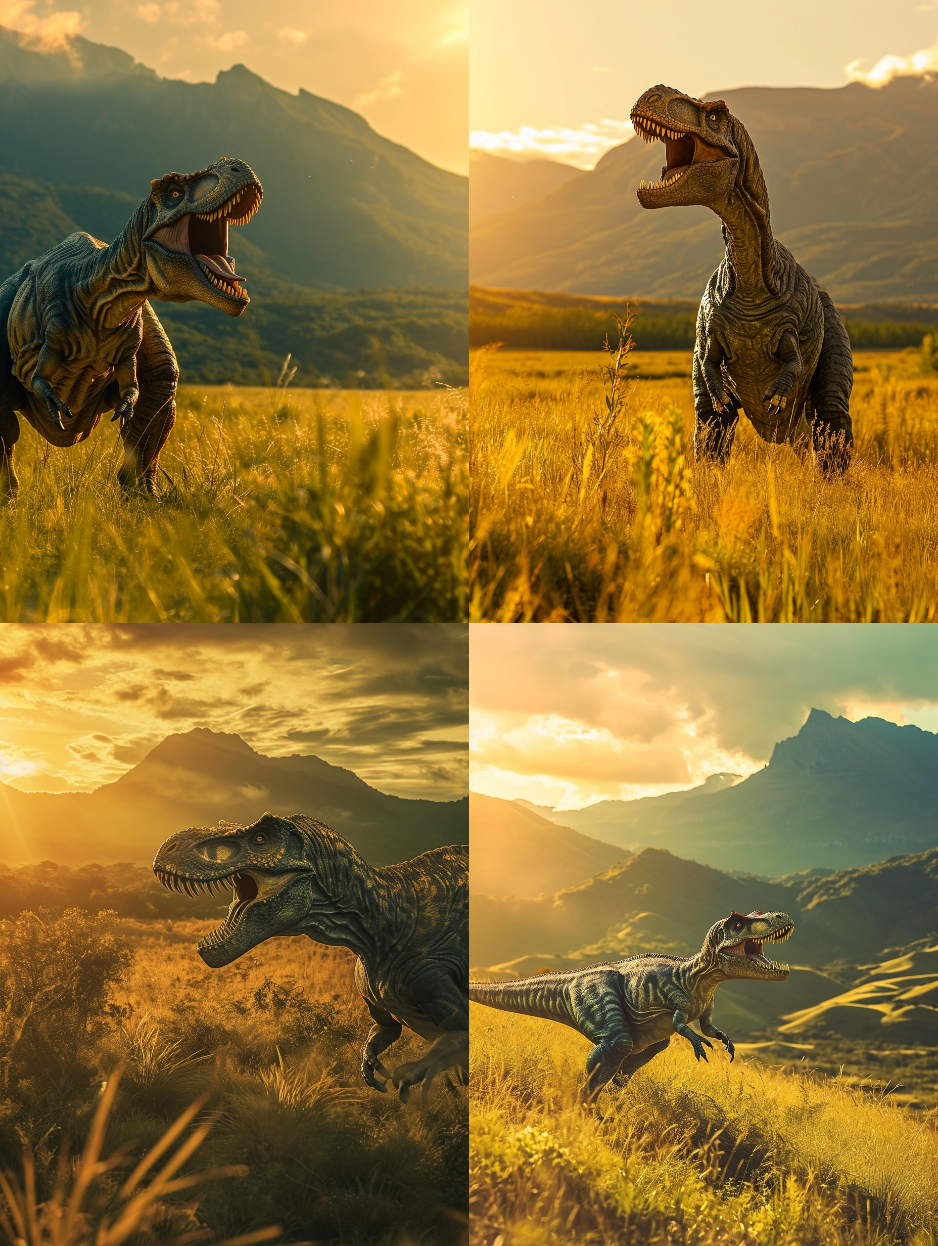 恐龙sue在侏罗纪的草原上，迎着夕阳，呈现出壮丽的身姿。整个场景布局对角线，以突出sue的力量感。照片风格高饱和度，呈现出浓郁的绿色和金黄色调。使用长焦镜头，突出sue的细节，同时捕捉到远处的山脉。光线柔和，从侧面照射，凸显出sue的轮廓。sue张开大口，仿佛要吼叫，传递出强烈的震撼和威力。