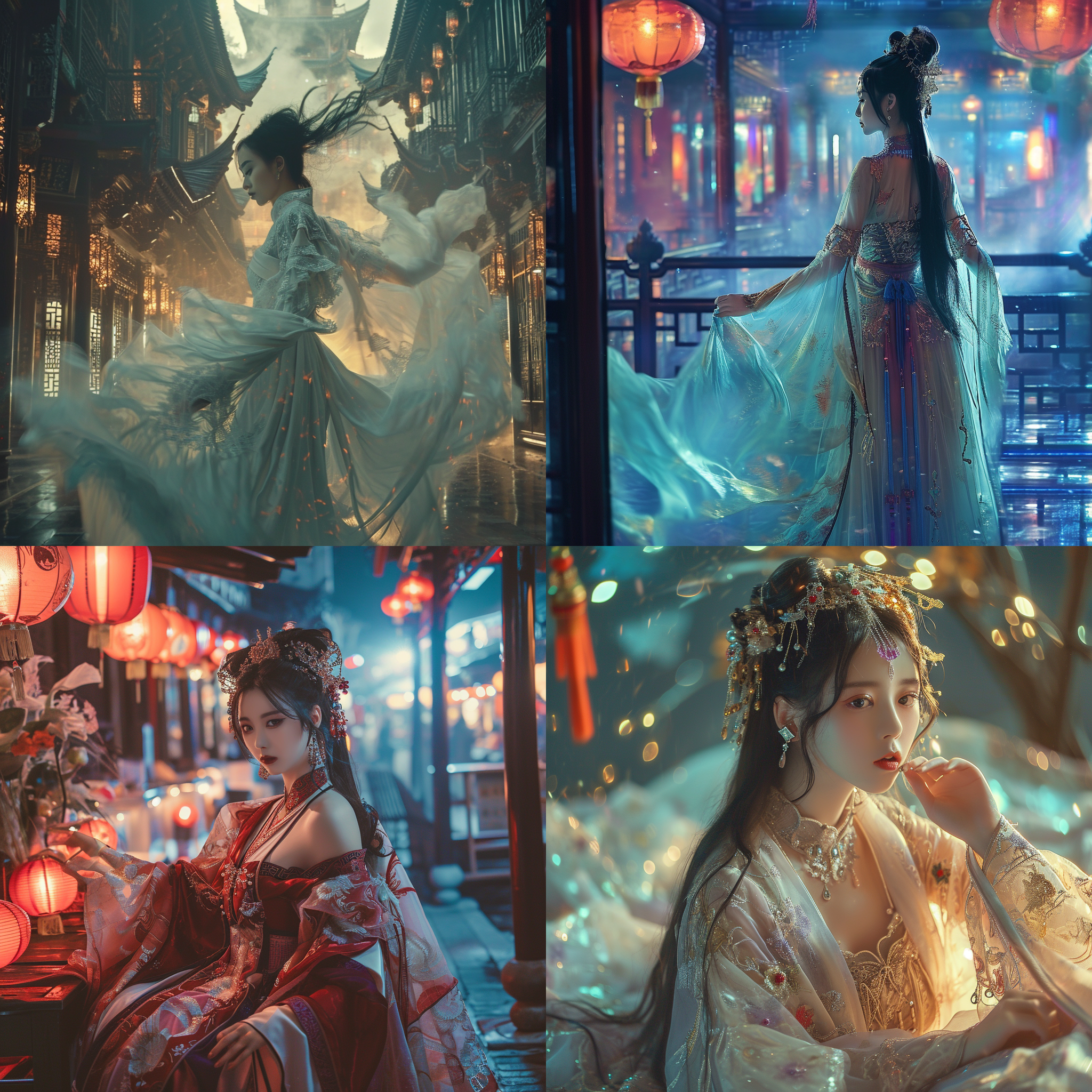 中国古典美女，全身视角，梦幻般的场景，赛博朋克风格，迷人色彩，细节丰富，广角镜头，柔和光线，优雅动作，神秘氛围。