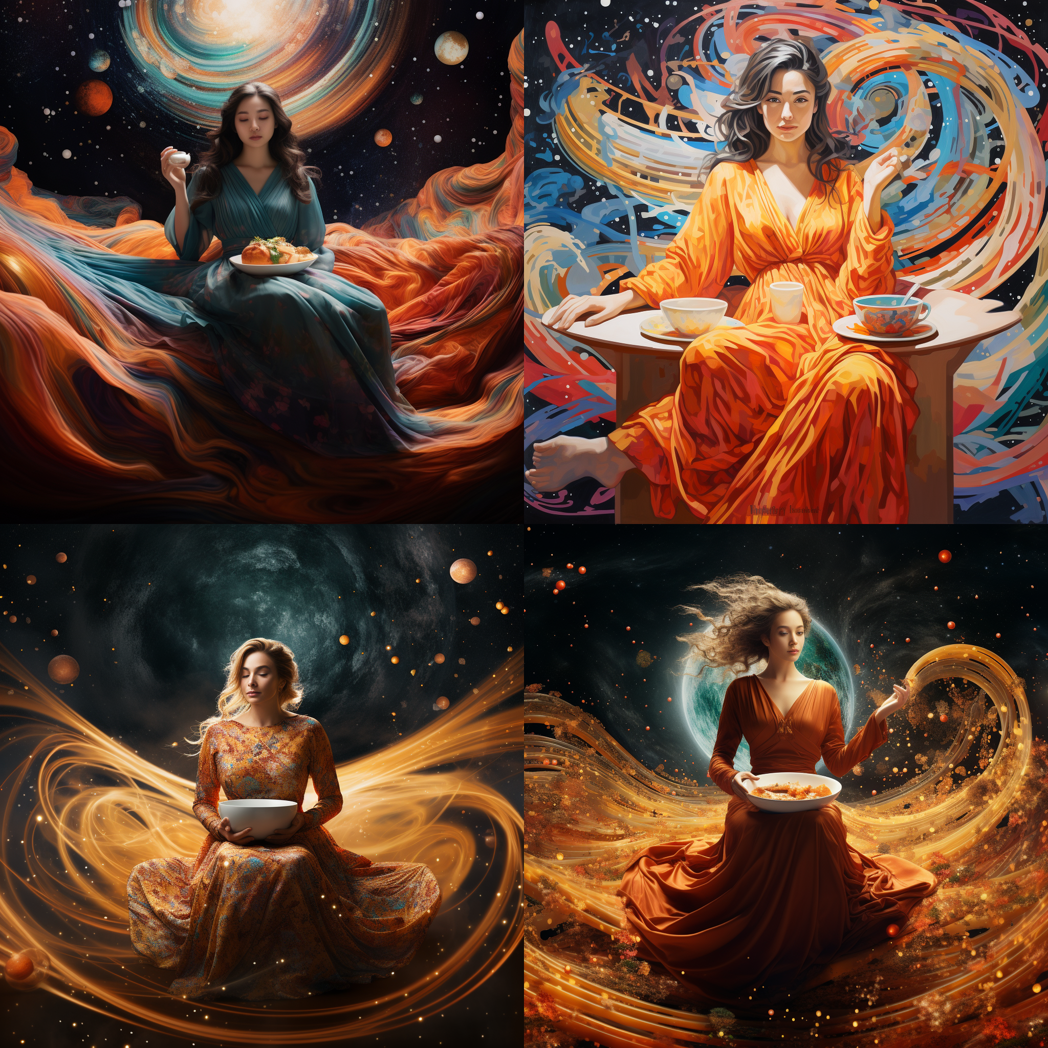 古典优雅知性的女人，身着华丽长裙，坐在外太空的星际飞船内，面前是一盘色彩丰富的辣条，手中拿着一杯瑞幸咖啡。构图对称，背景星空浩渺，利用广角镜头突出女人的高贵气质。柔和的光线营造出神秘的氛围。女人微笑着，表情自信，如此场景充满了异国情调和惬意。