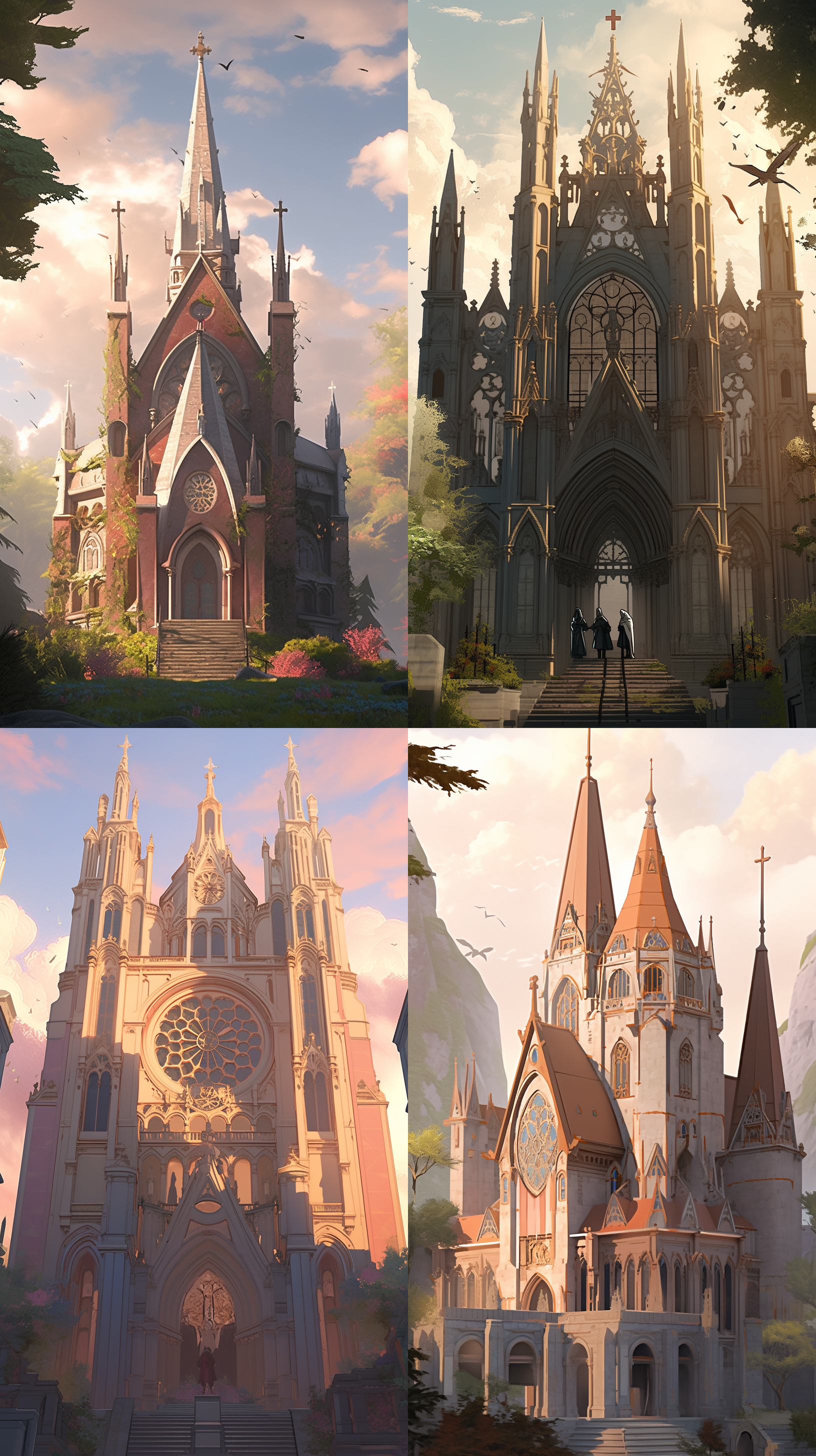 中世纪教堂，尺寸宏大，高耸入云，建筑风格复杂精细，巨大的尖顶和雕刻细节，周围是广阔的草坪和修剪整齐的花园，壮丽的日落背景，柔和的色调，长焦镜头，逆光，静态，庄重。