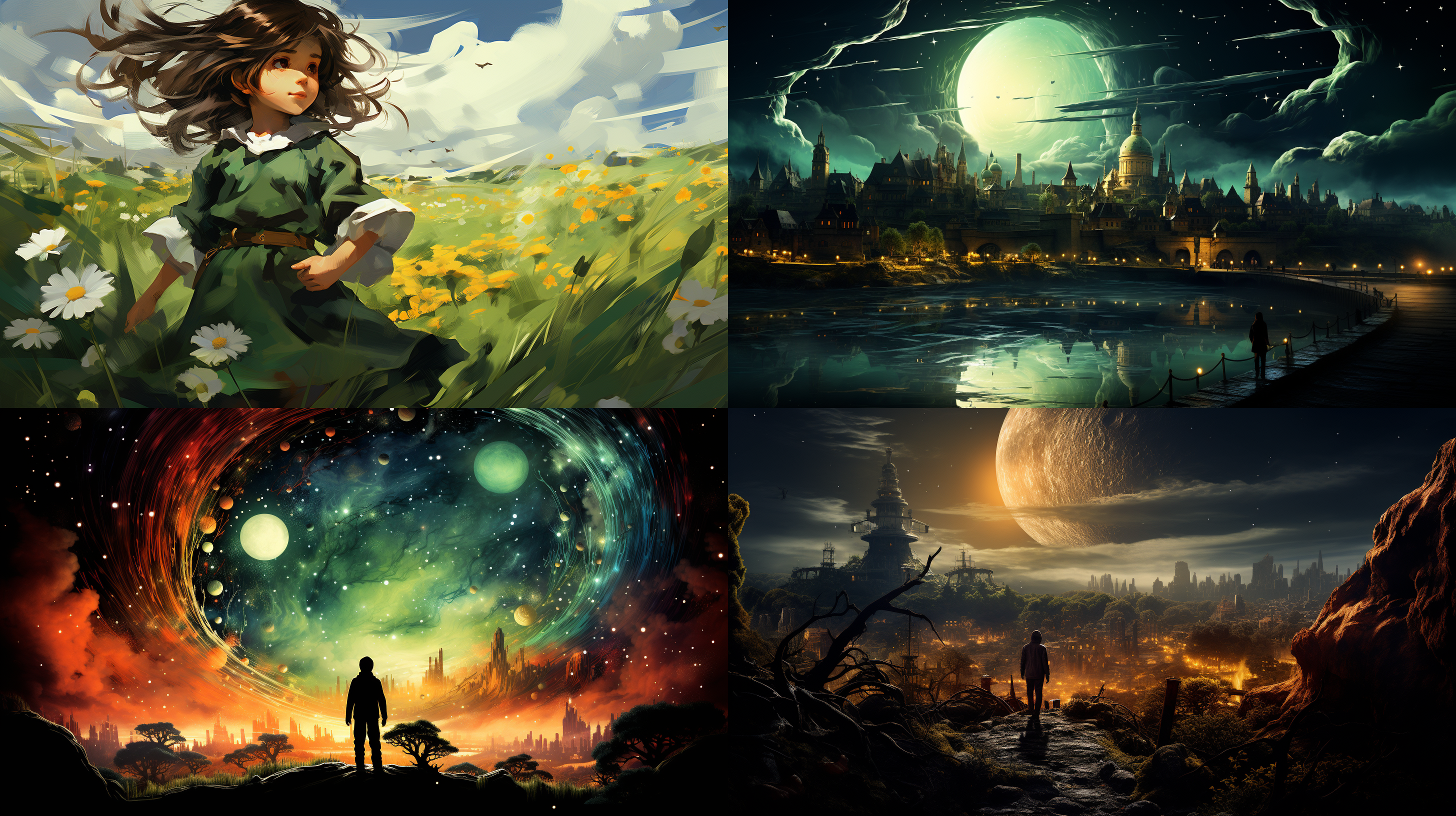 高对比度，五彩斑斓的绿植延伸在画面中。扭曲的城堡在花朵上。小公主仰望空中，宽幅画面，细节丰富，浓烈的色彩，深蓝的星空背景。