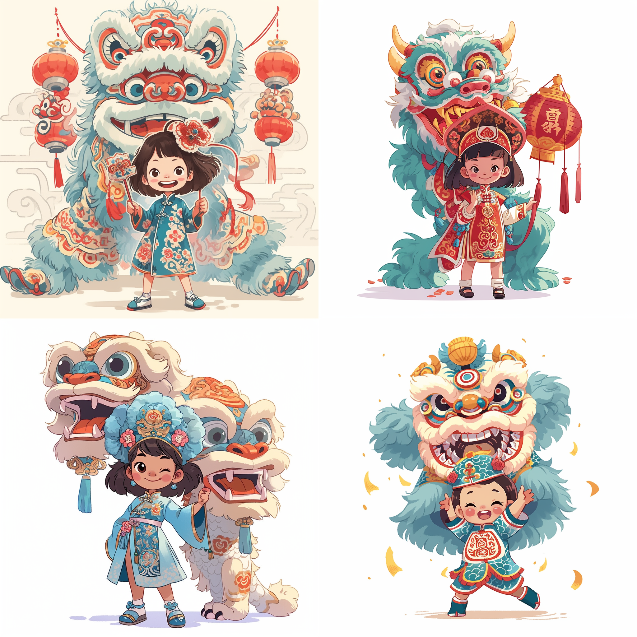 古代中国小女孩，穿着旗袍，头上戴着狮子帽子，正后方有一位舞狮舞者，传统中国版画，蓝色基调，扁平卡通矢量插图风格，白色背景。立正姿势，微笑，柔和光线，中心构图，细节丰富，传达喜庆，祝福，文化遗产。