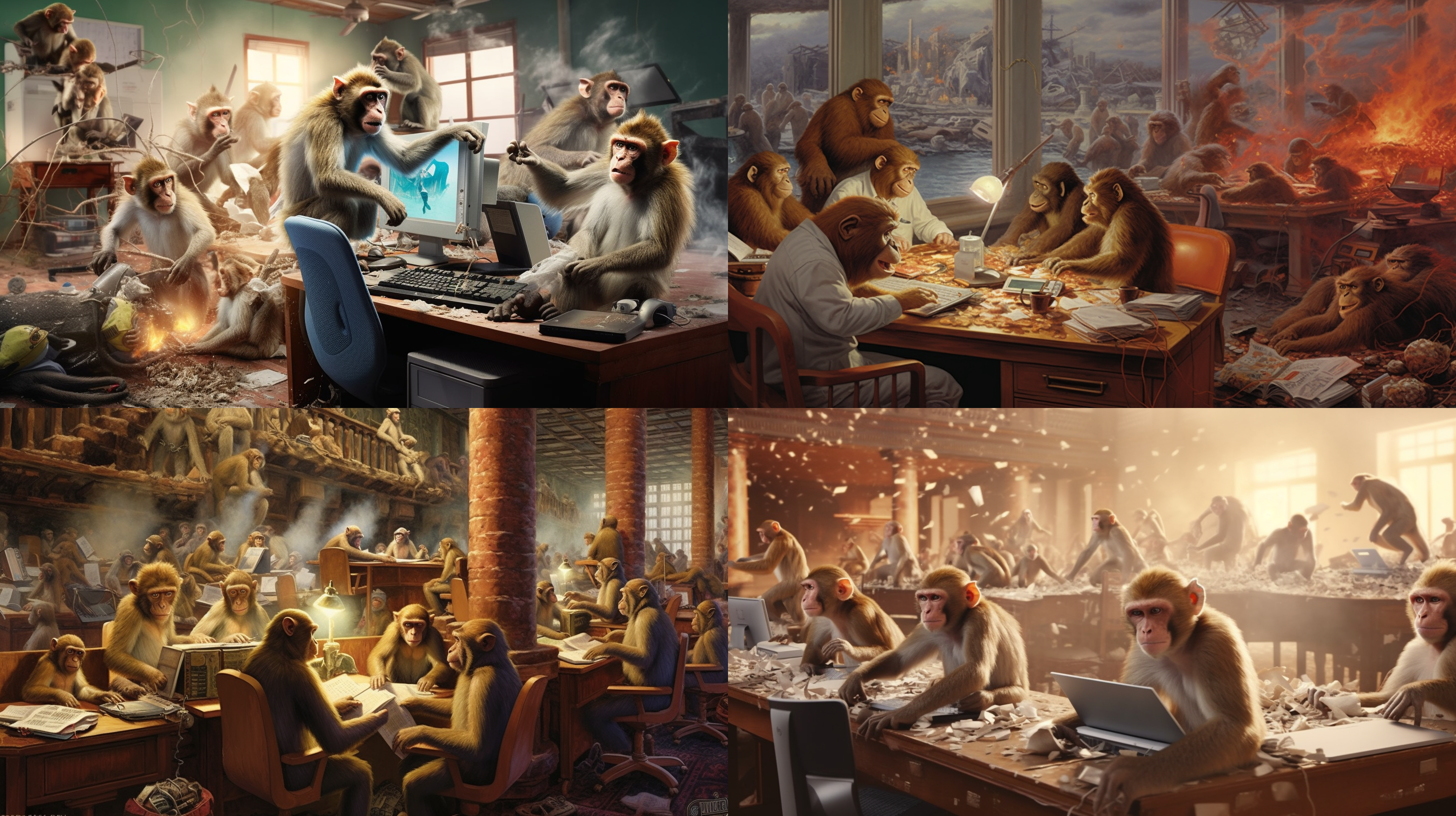 一群猴子在玩电脑，砸毁电脑，办公室