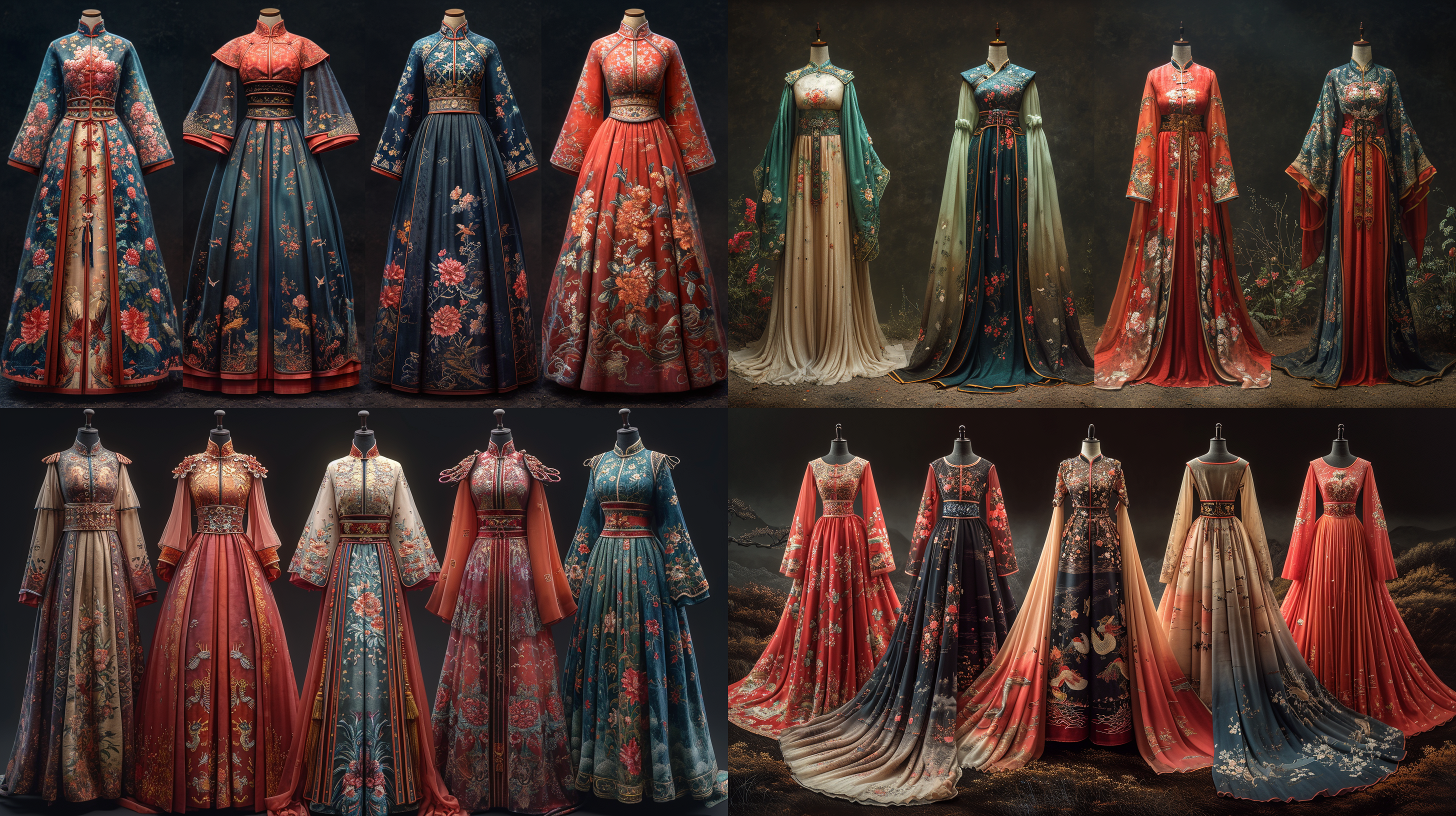 garment technical drawing,ancient china qing dynasty dress,studio,gradient dark background,four views,front view,symmetric,rembrandt lighting,ulrta realistic