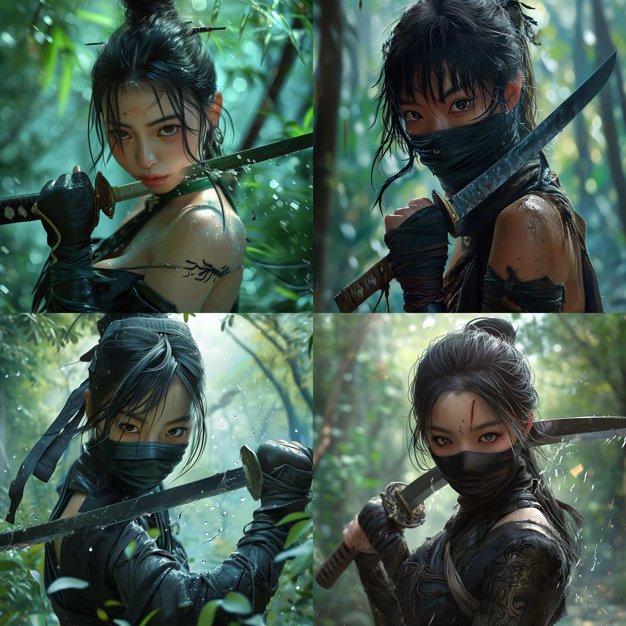 一个女忍者，幽灵行动，（手持日本刀），solo，杰作，极致的画质，细节丰富，完成度高，精美的大眼睛，精致的肌肉线条，立绘，明眸，柔光，电影效果风格，4k，杰作，最好的质量，高品质，非常详细的cg统一8k壁纸，超逼真的巨大青色雨林，在一个未来主义的史前村庄，飞溅的水，沙子碎片，镜头照明，太阳轴，蓬松的云，超详细，hdr，开花，照片逼真，超详细，