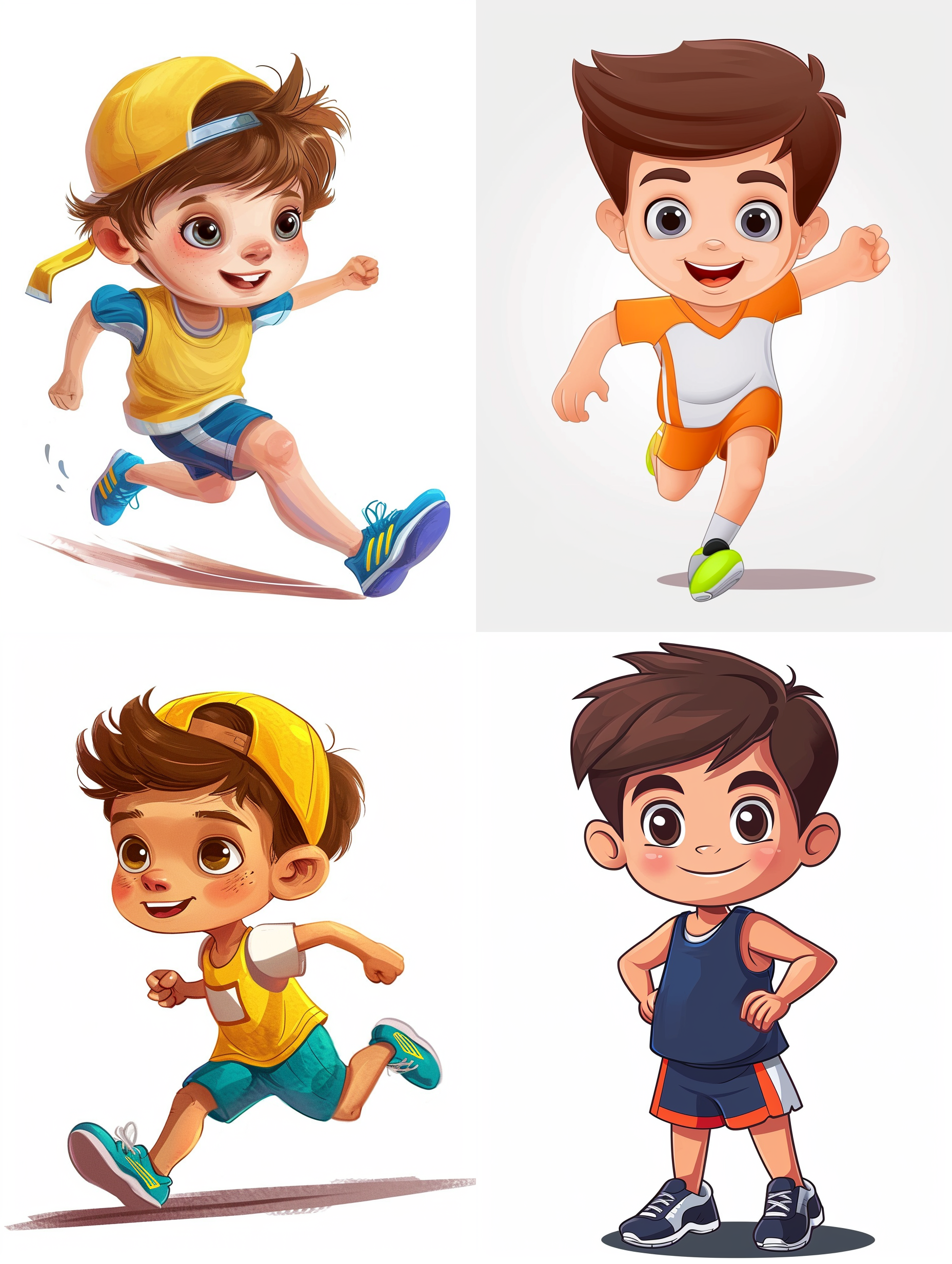 一个卡通小男孩，运动服装，百米冲刺，专业赛道，表情可爱，白色背景