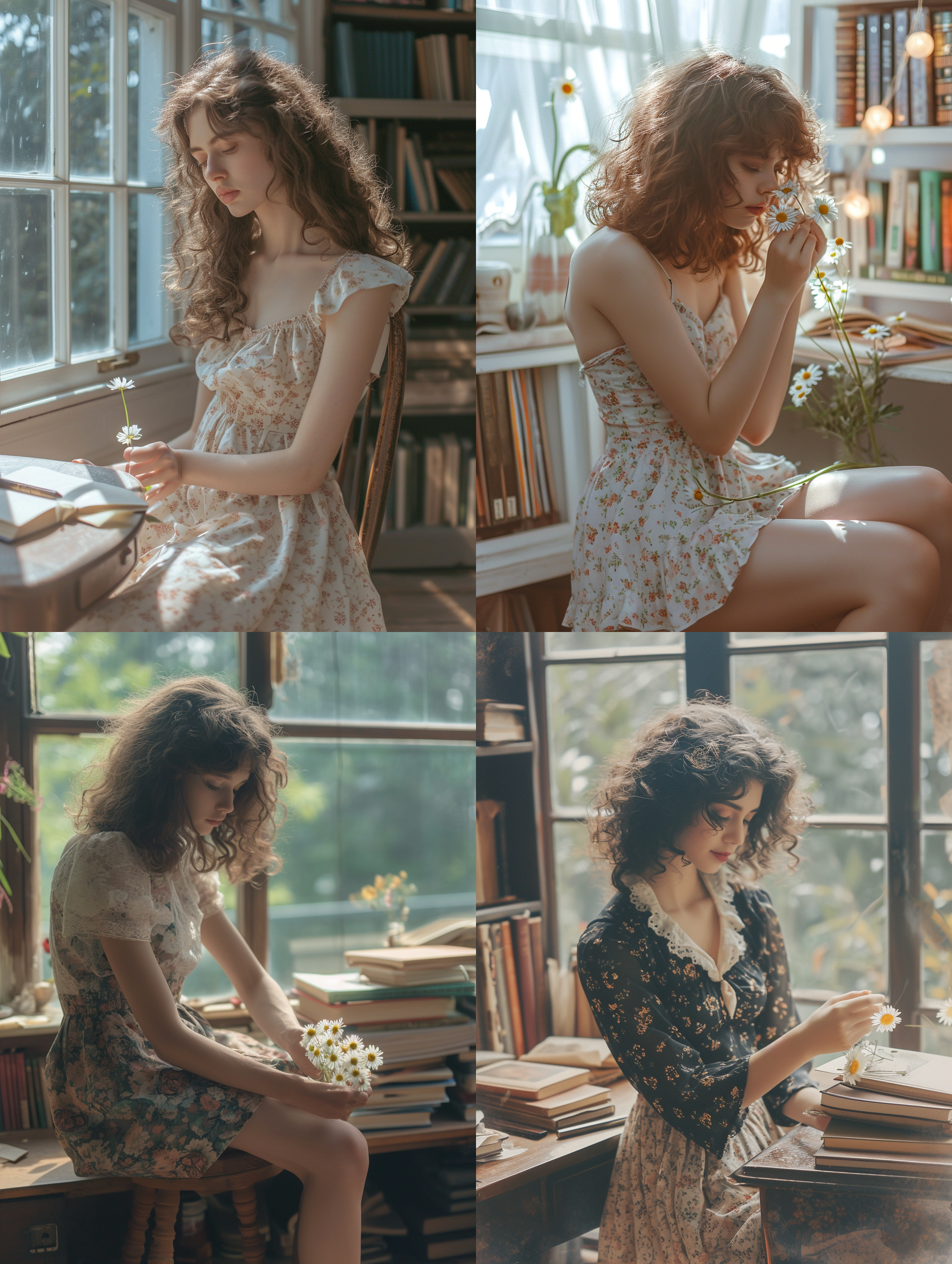 20岁女孩抱着雏菊，低头触摸花瓣，英式房间内，光线透过玻璃窗洒下，碎花裙，棕色卷发，书桌上摆放书籍，坐在英伦风格板凳上。全景拍摄，超清晰4k画质，现实主义风格，柔和色调，温馨情感。抚摸、自然、宁静、美丽、浪漫、温暖。
