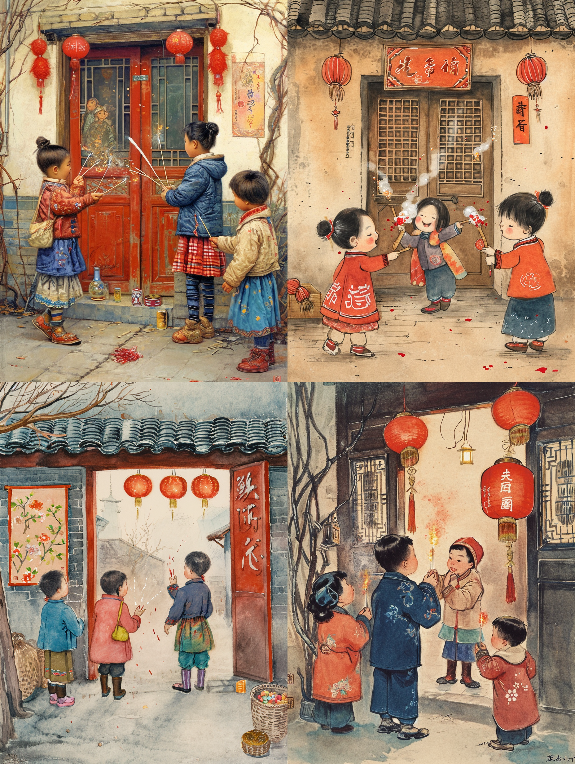 春节到了，小孩子在门口放鞭炮贴对联