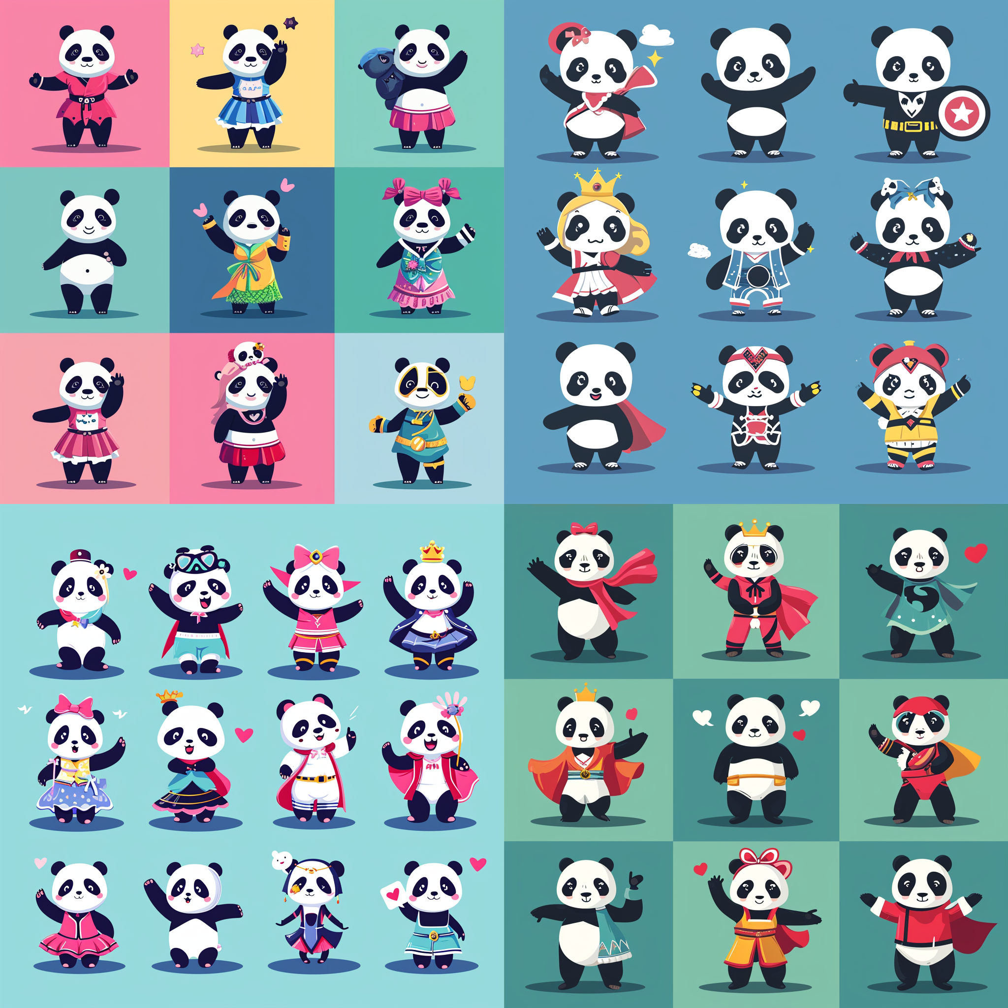 一组熊猫的矢量插画，穿着不同的可爱服装，如水手服，公主服和超级英雄服装，摆出不同的姿势，如挥手、飞吻和竖起大拇指，亮色，扁平设计