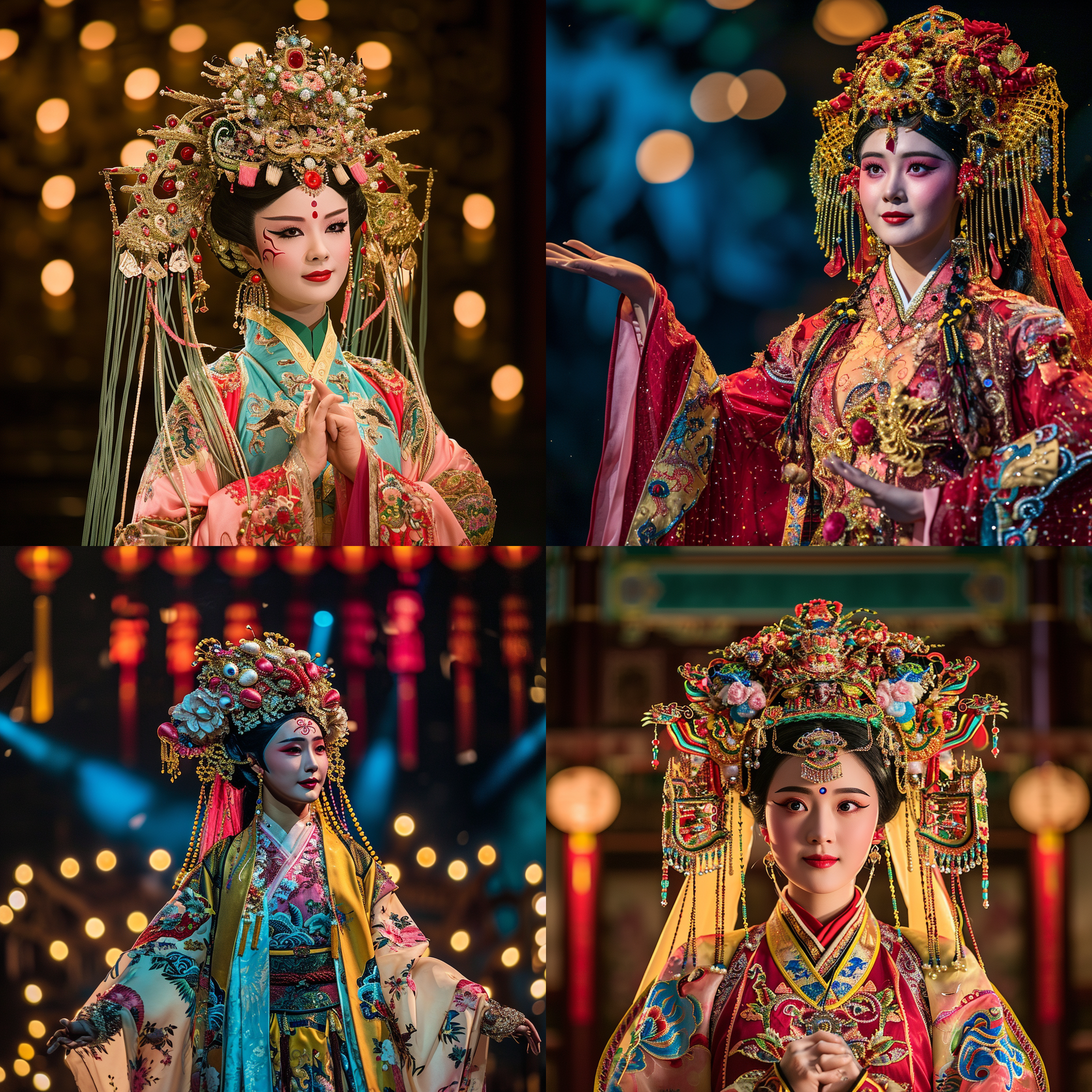 京剧女演员，身穿华丽的戏服，端庄而优雅地扮演角色。她站在舞台中央，背景为绚丽的舞台布景，灯光照亮她的面庞。她眼神坚定，手势优美，展现出激情和力量。明亮的彩色服装和舞台效果与她的表演风格相得益彰，给人一种震撼和魅力的感觉。京剧女演员，华丽戏服，舞台布景，灯光，面庞，眼神，手势，激情，力量，彩色服装，舞台效果，震撼，魅力。