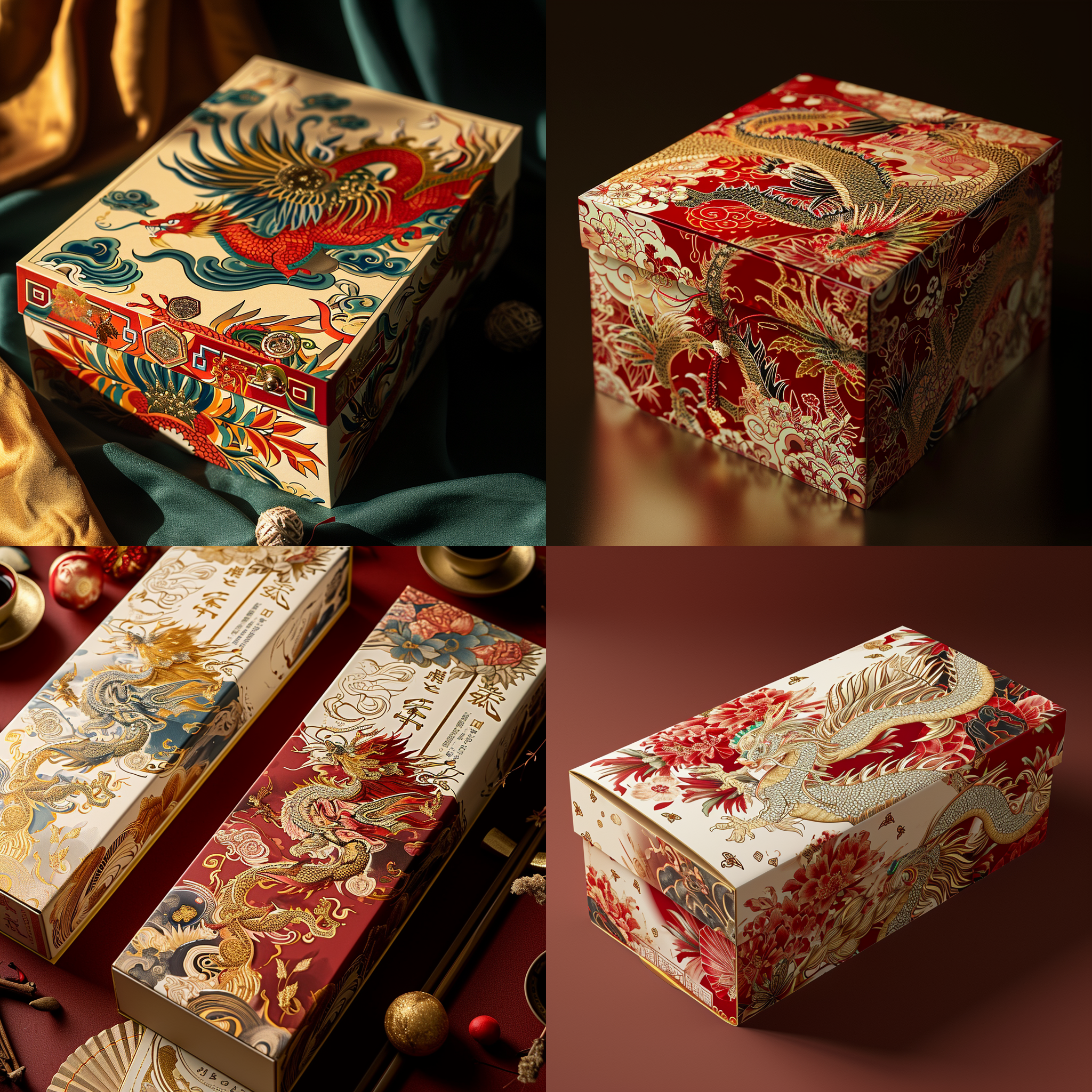 一个造型独特的零食包装盒，大胆的想象，淡金色与红色主色调，国潮风格,梦幻般的插画，龙凤元素，瓦楞纸材质,三色印刷，高细节,产品摄影，影棚光照，中国新年氛围