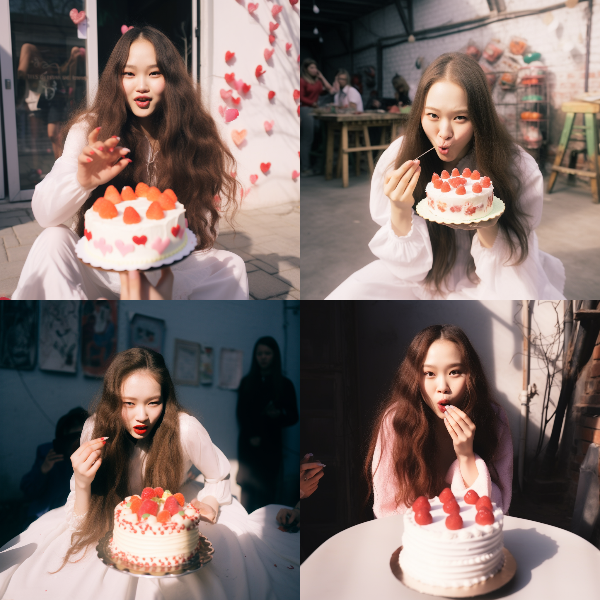 女孩亲吻蛋糕，周围有许多人。主题鲜明，焦点清晰，构图对称，环境喧闹，迷人色彩，广角镜头，自然光，欢笑，甜美，喜悦，温馨。