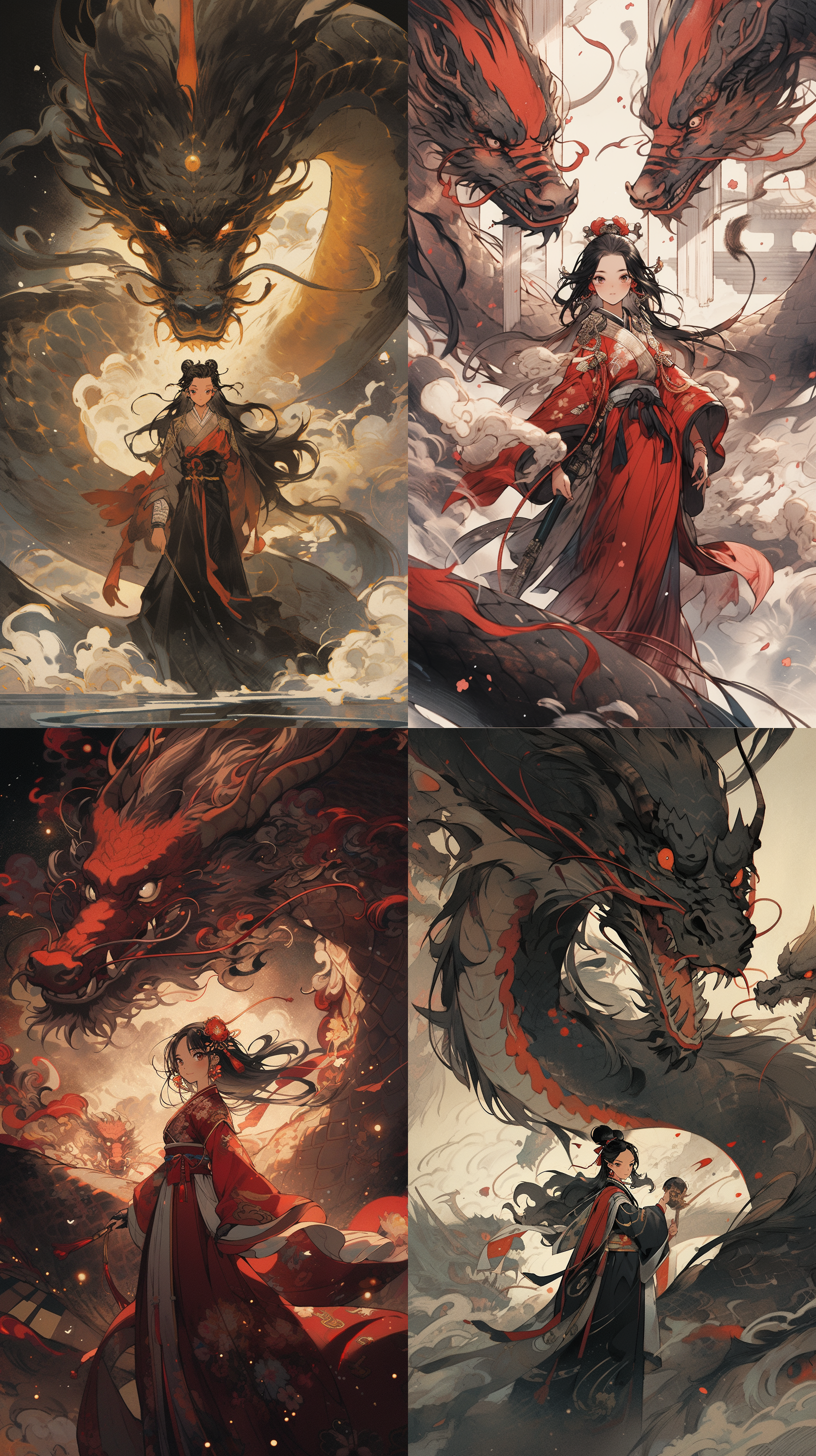 中国墨、工笔画、中国龙和驾驭龙的汉服中国少年、水墨插画。极限特写，插画中国龙腾空，金色龙鳞闪烁，飞舞的龙须在星空夜景中舞动。流线型的龙身线条优雅而精密，展现中国传统文化之美。细腻的水墨风格以超细节的16k分辨率呈现，高品质的画面令人震撼。中景捕捉龙的动感，完美呈现龙的力量与灵动。奢华金光、吉卜力风格、平整构图、16k分辨率、超高清晰画面、全高清4k。