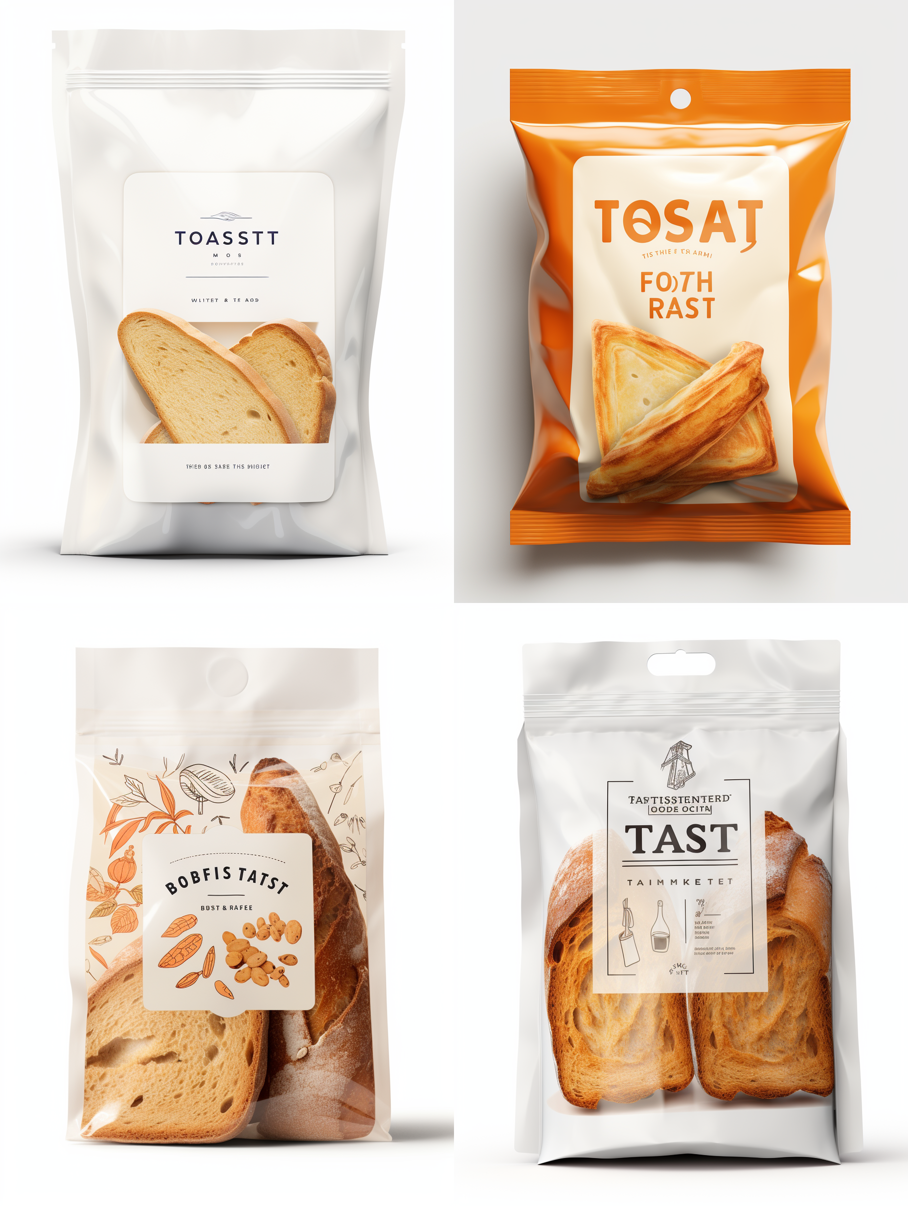 吐司包装袋子，正面展示，正面有窗口，有toest字母，平面构图，专业配色，无阴影，细节清晰、现代风格、白色背景