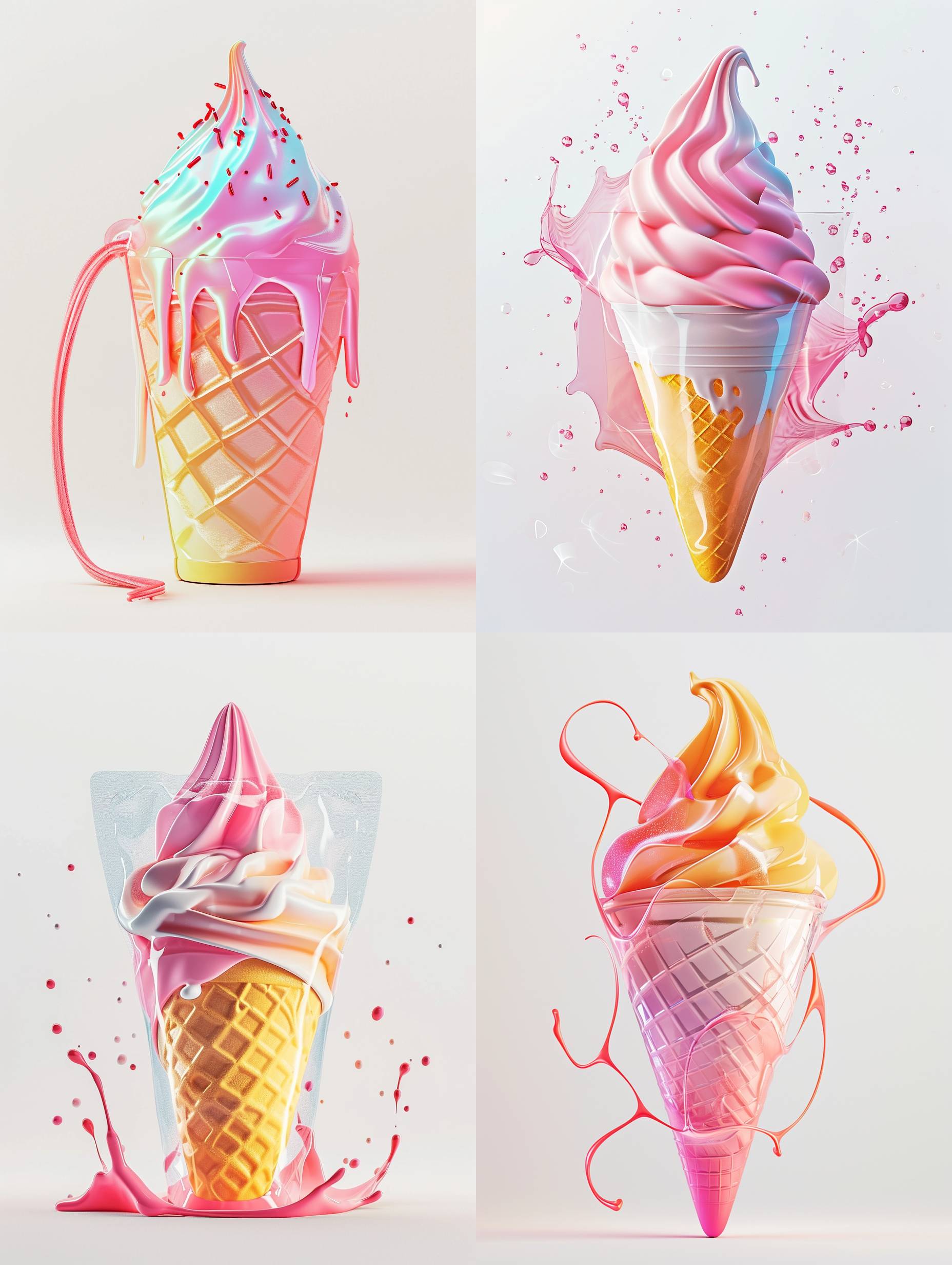 雪糕包装袋，现代风格，明亮色彩，珠光膜塑料印刷材质，立体感，拍摄于户外，白色背景，简洁而有趣，引发愉悦和怀旧情绪。