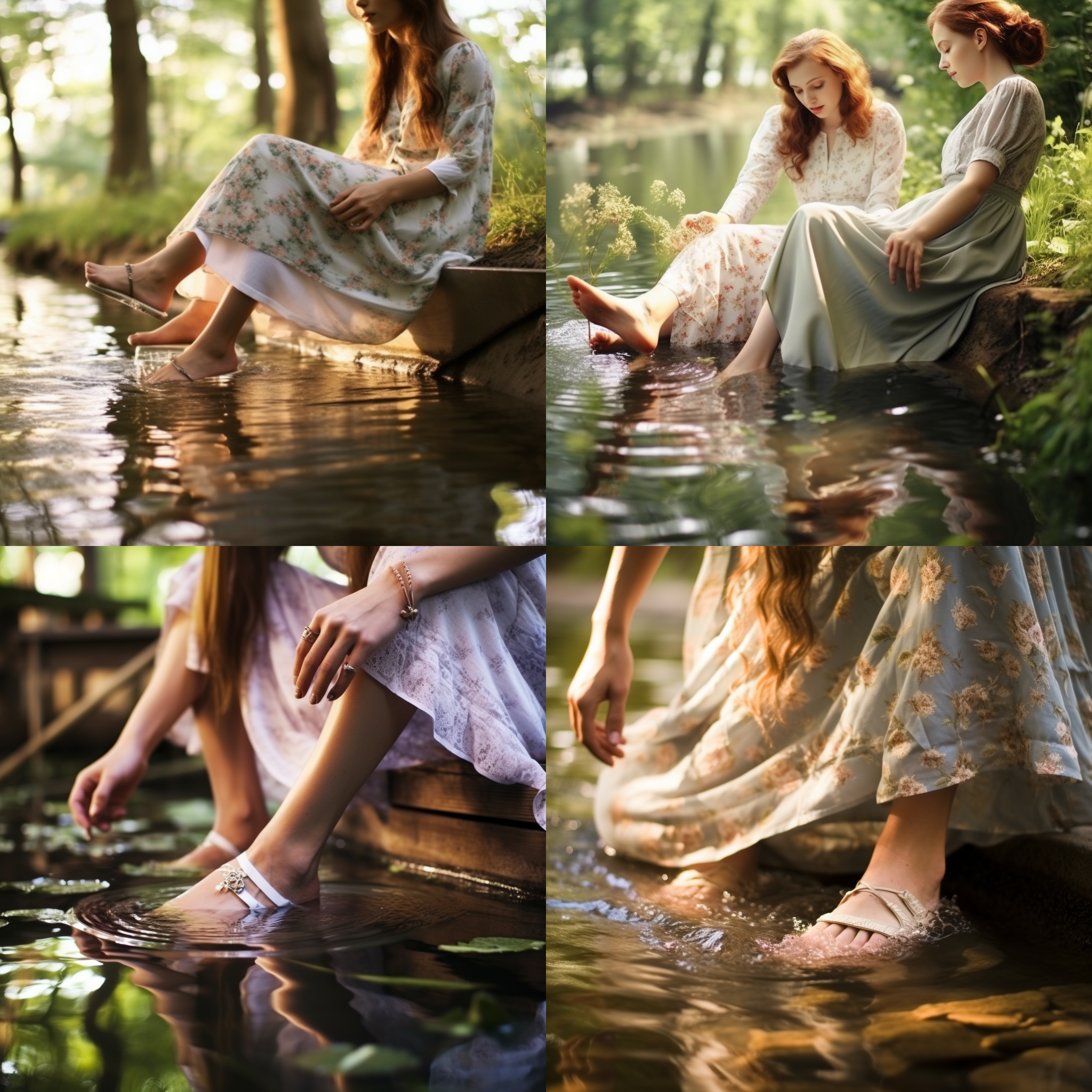 美女泡脚，平行布局，柔和色调，户外环境，长焦镜头，自然光，轻柔动作，水波纹，放松，宁静。