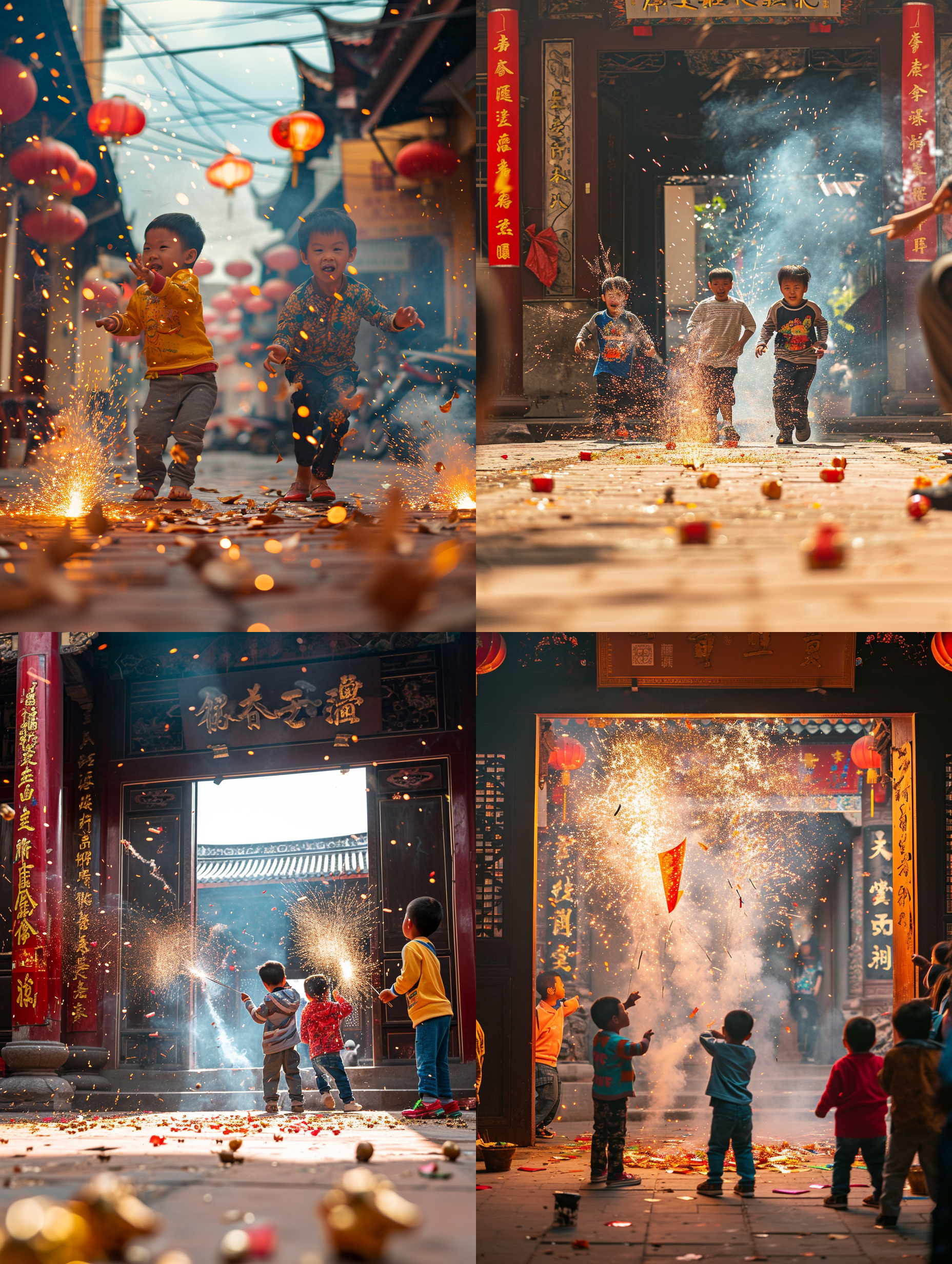 门口贴对联，小孩子放鞭炮，高角度拍摄，明亮色彩，广角镜头，动感构图，快门速度快，欢快氛围，喜庆，活力，时尚。