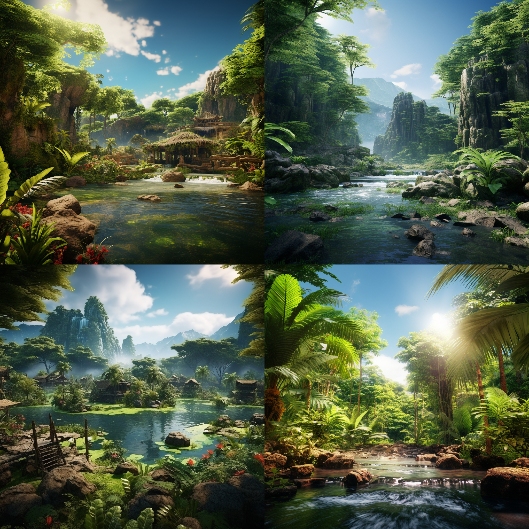 杰作，最好的质量，高品质，非常详细的cg统一8k壁纸，超逼真的巨大青色雨林，在一个未来主义的史前村庄，飞溅的水，沙子碎片，镜头照明，太阳轴，蓬松的云，超详细，hdr，开花，照片逼真，超详细