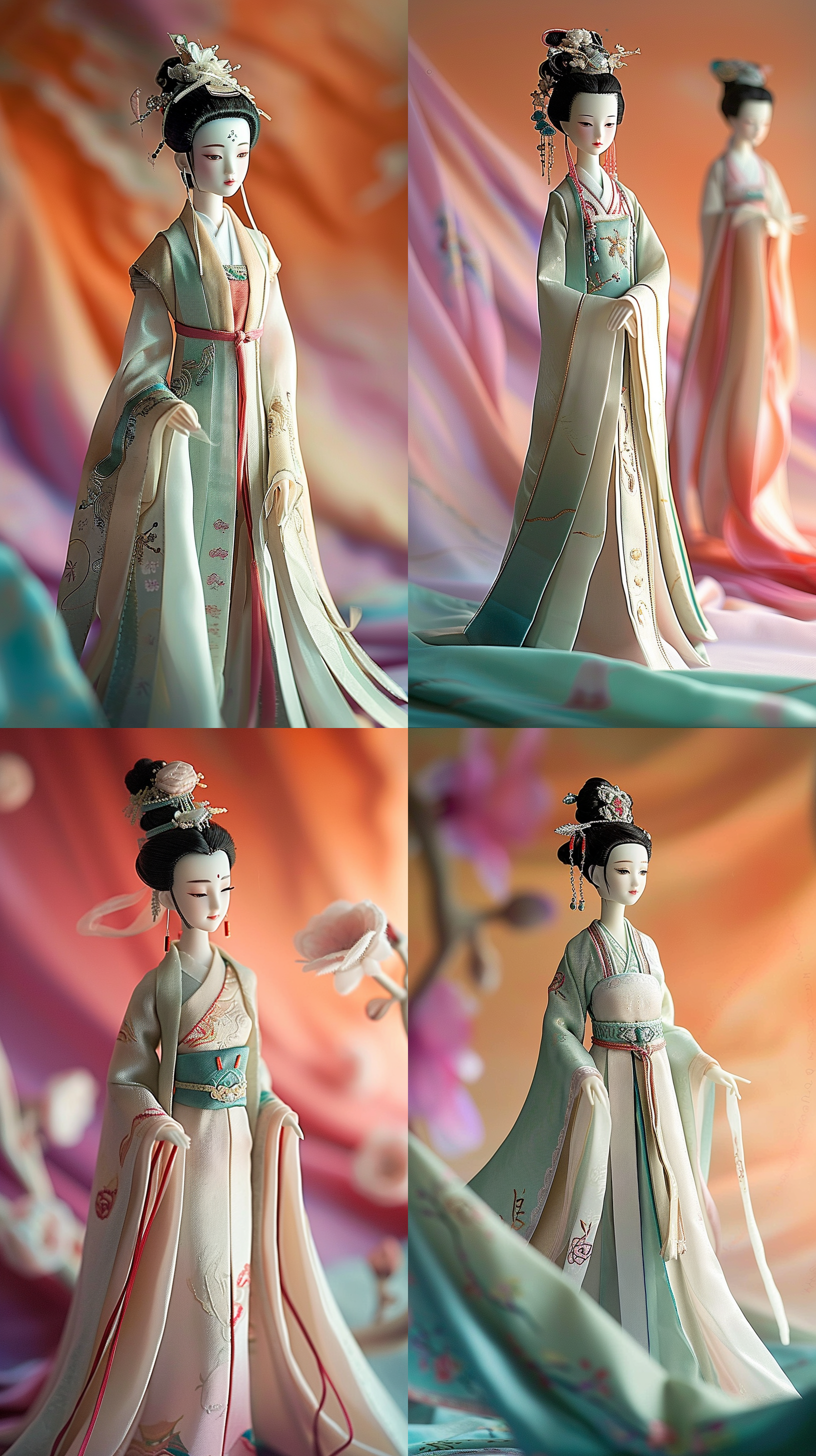 完美融合这2张图的氛围与色调，1个完美纤柔的别致精巧古风丽人偶，穿着正确的中国北宋时期形制的绫罗绸缎服装，简洁直筒袖非大袖完美配套手臂动作，是汉服非和服，正确的肢体结构，协调放松的身体姿态，色调第2张图更多，弱明暗对比。