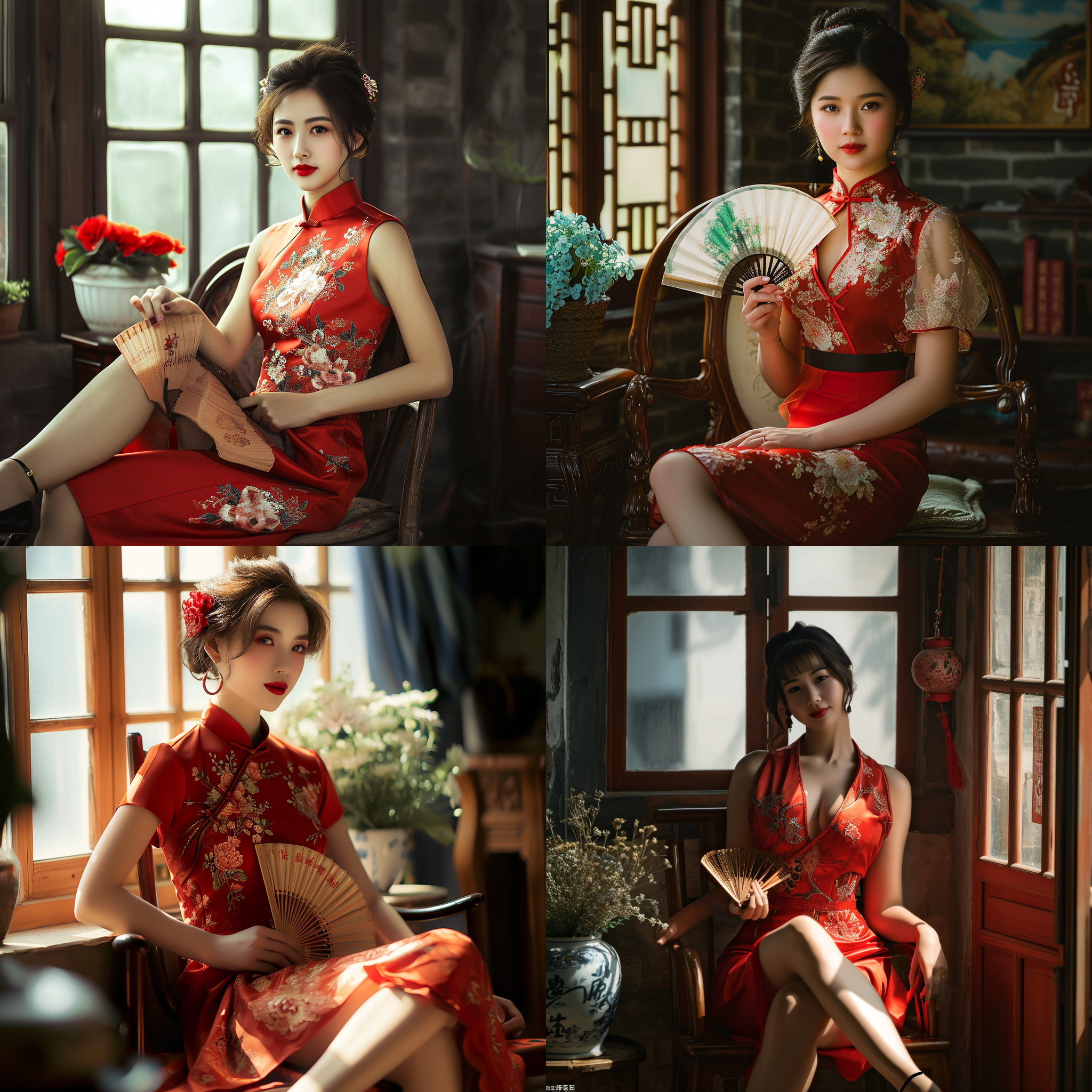 中国女人，瓜子脸，妩媚，丸子头身着红旗袍和黑高跟鞋，涂着红色口红，手持扇子，坐在椅子上翘着腿，年轻羞涩，优雅端庄，色彩柔和，窗户边上有花盆。传统风格，柔光，复古色调，人物全景，精心安排的构图，细节丰富，娴静，温柔，神秘，自信。 