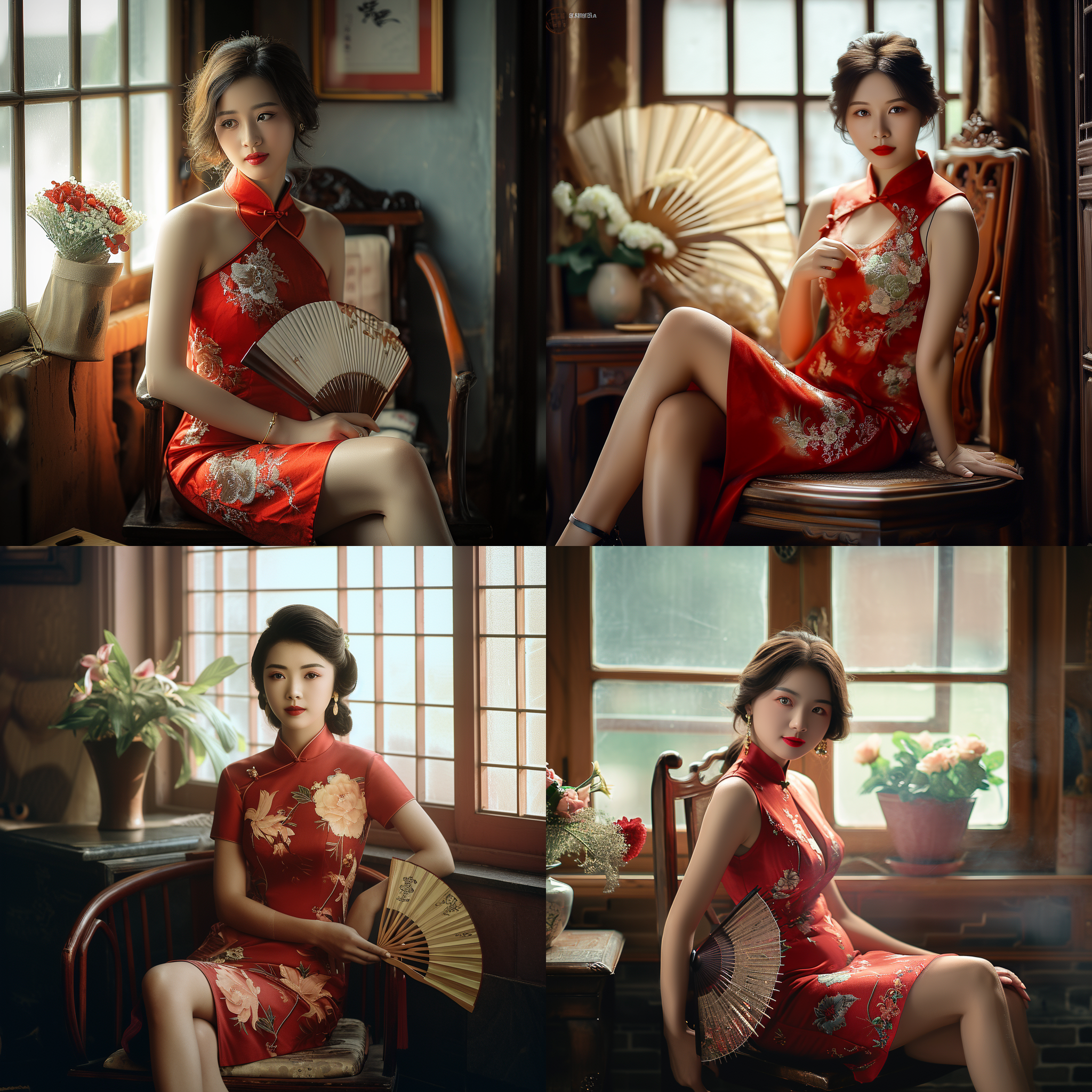 中国女人，瓜子脸，妩媚，丸子头身着红旗袍和黑高跟鞋，涂着红色口红，手持扇子，坐在椅子上翘着腿，年轻羞涩，优雅端庄，色彩柔和，窗户边上有花盆。传统风格，柔光，复古色调，人物全景，精心安排的构图，细节丰富，娴静，温柔，神秘，自信。 