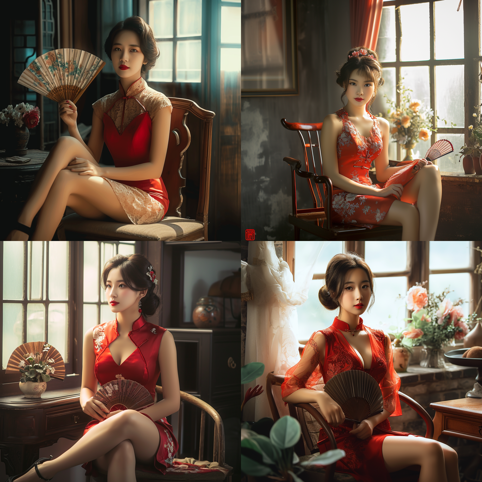 中国女人，瓜子脸，妩媚，丸子头身着红旗袍和黑高跟鞋，涂着红色口红，手持扇子，坐在椅子上翘着腿，年轻羞涩，优雅端庄，色彩柔和，窗户边上有花盆。传统风格，柔光，复古色调，人物全景，精心安排的构图，细节丰富，娴静，温柔，神秘，自信。 