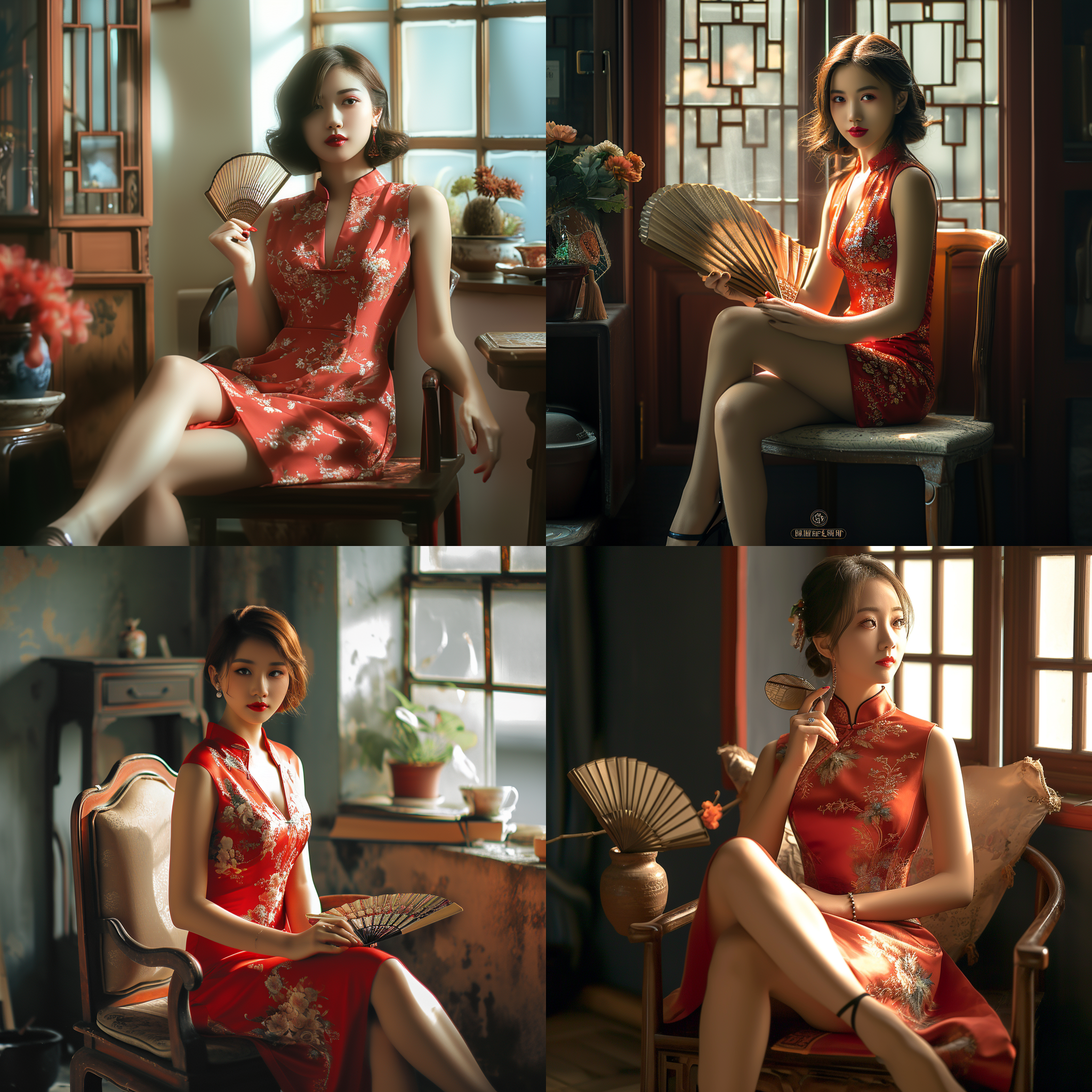 中国女人，瓜子脸，妩媚，丸子头身着红旗袍和黑高跟鞋，涂着红色口红，手持扇子，坐在椅子上翘着腿，年轻羞涩，优雅端庄，色彩柔和，窗户边上有花盆。传统风格，柔光，复古色调，人物全景，精心安排的构图，细节丰富，娴静，温柔，神秘，自信。 