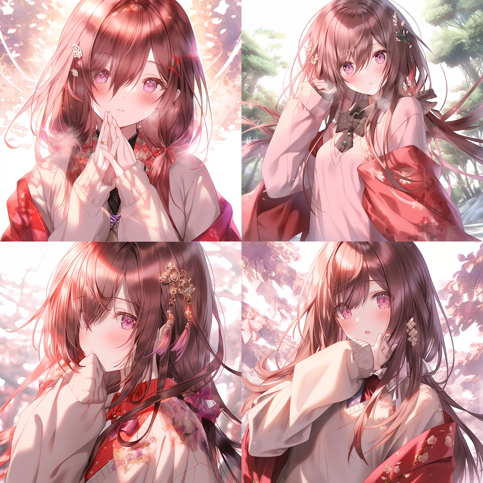 杰作上身，女孩子红色长发穿着和服，柳树，晴天，精致复杂的服装，柔和的颜色，水晶项链，金属光，神光，丰富的细节，最高质量，超细节，极其精致，最新的pixiv 插画，精致的装饰，动态姿势，动态角度，华丽的光和影，色彩多样，米山舞风格，日本漫画风格