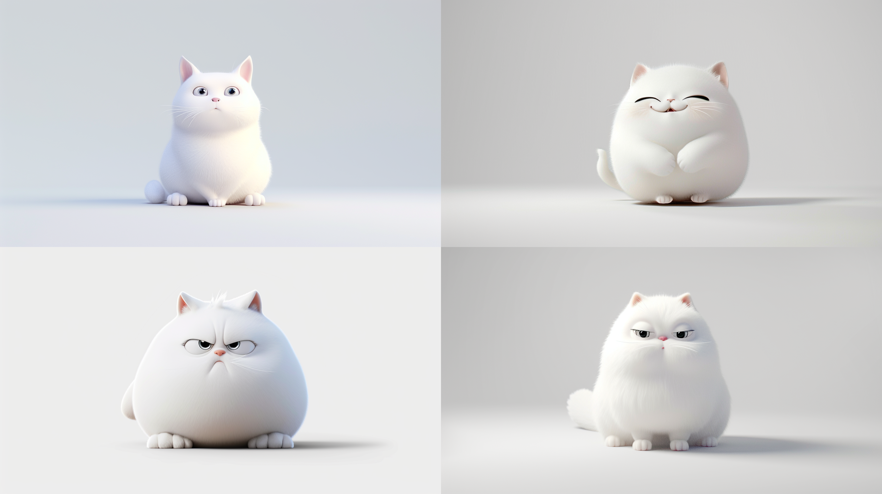 卡通3d可爱白色肥嘟嘟的猫咪，表情奶凶奶凶，坐在纯白地上，纯白背景，照片风格明亮温，充满生机，细节丰富，表达出宠物的可爱和奶凶