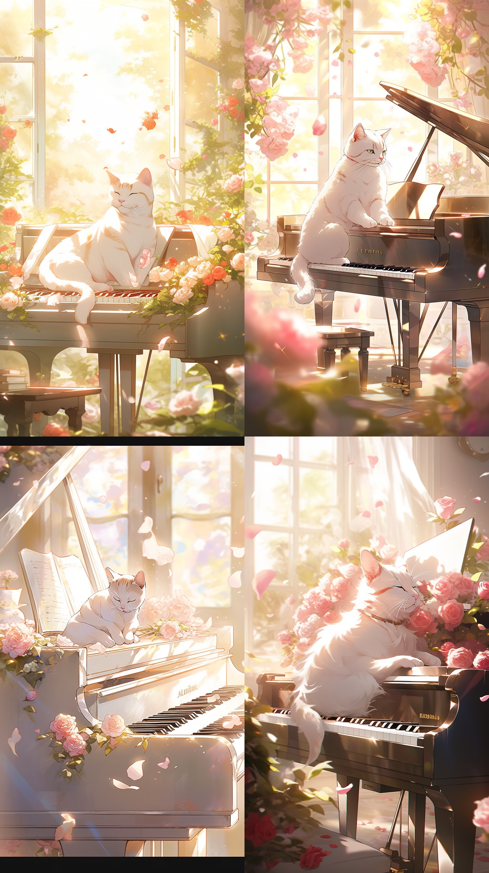 可爱的猫咪在象牙钢琴上玩耍，，玫瑰花圈和花瓣点缀周围，阳光透过窗户洒在猫身上。宫崎骏作品风格，呈现高质量、最佳画质的16k高分辨率。摄影角度动态而有趣，细节丰富而复杂