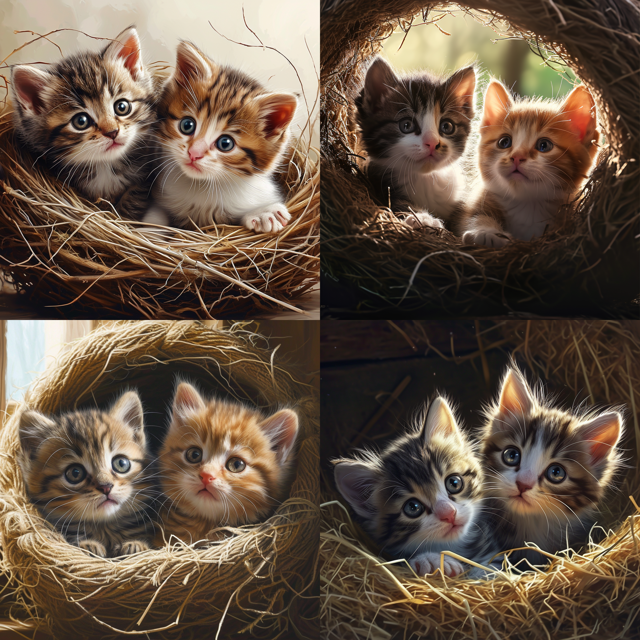 两支可爱的小花猫猫咪爬在猫窝里睁着好奇，惊讶的眼神看着什么！呆萌可爱，可笑，古怪，阳光光线，室内真实光线，写实，现实风格，超高清