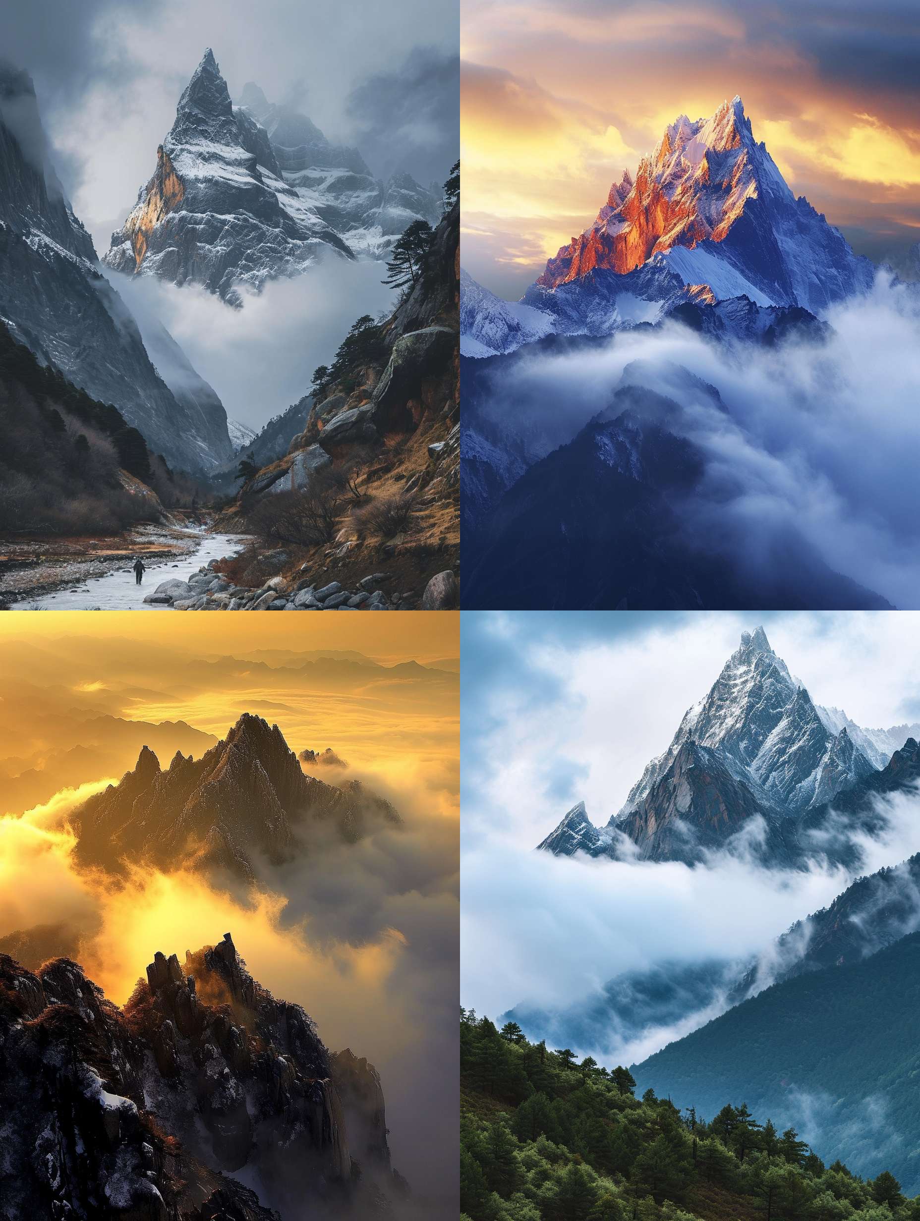 冈仁波齐山，巍峨壮丽，云雾缭绕，山巅积雪，太阳升起，金色光辉洒落，宏伟景象，广角镜头，远景，高山环境，壮观，宁静，温暖色调，自然美景，震撼人心。