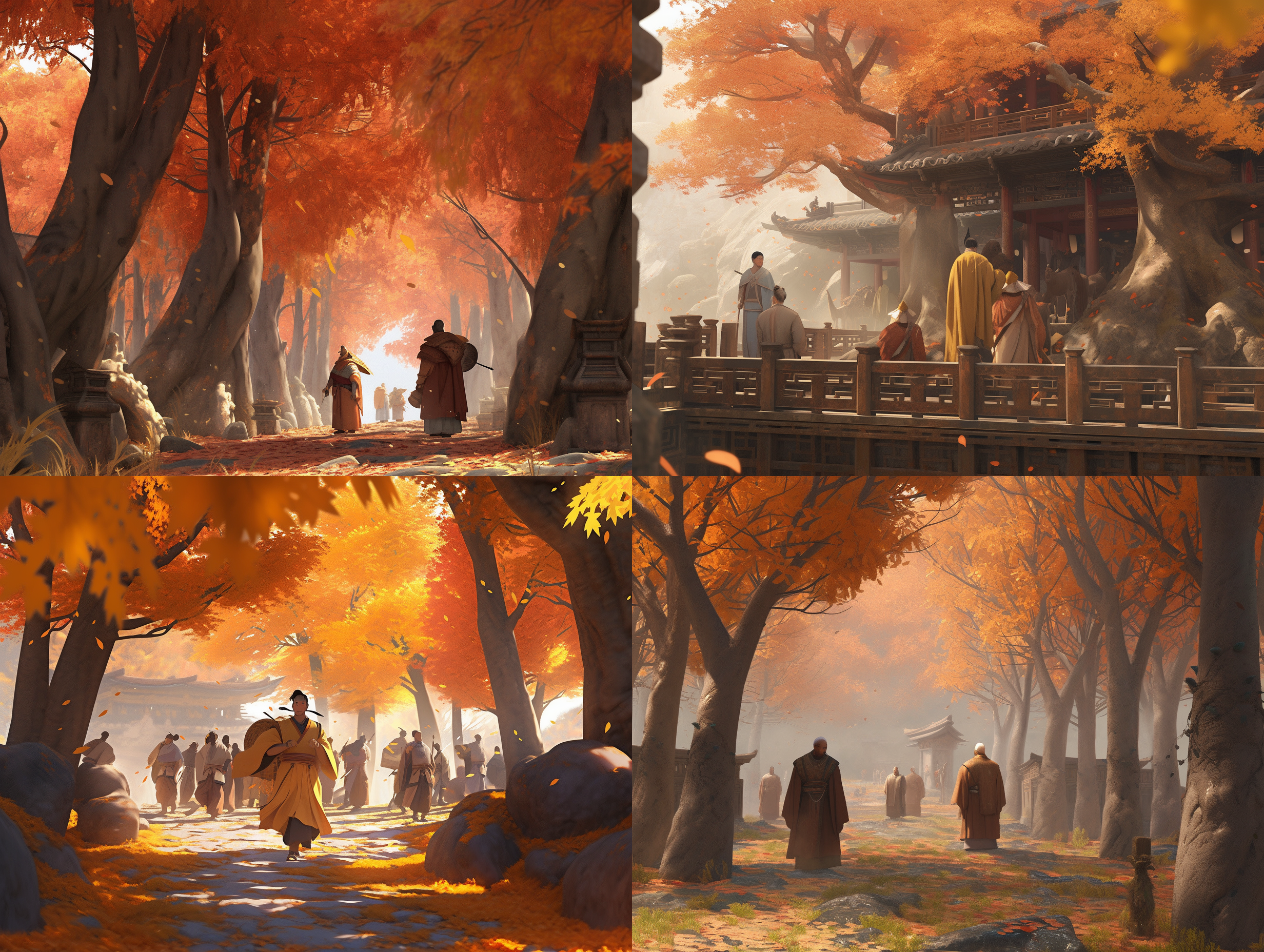 中式古风，多个男人，站着，不敢置信，白天，黄土路，树木，秋季末，3d立体，cg渲染 三维 oc渲染器 虚幻引擎 正视 人物视角 惊讶 半身 瞪大眼