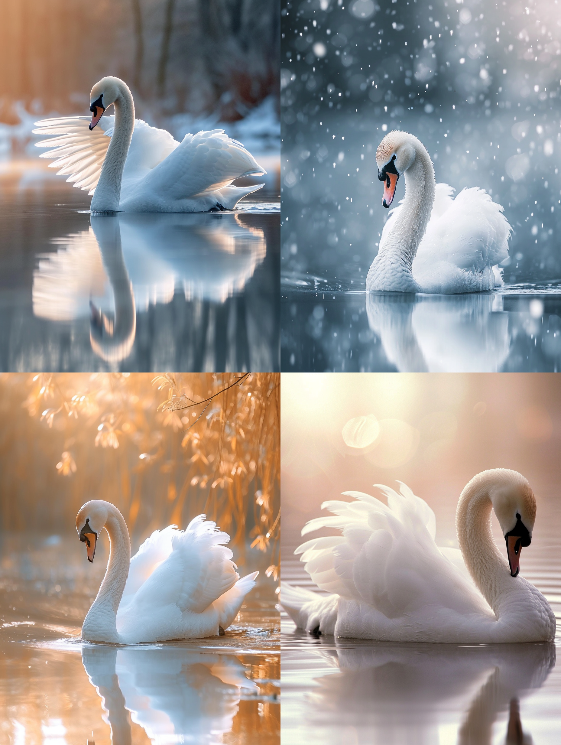 天鹅形象，雪白羽毛，优雅姿态，水面上，迷人景色，细腻纹理，环境光线，婚礼风格，静态，柔和色调，温暖气氛，柔光，水面倒影，祥和。