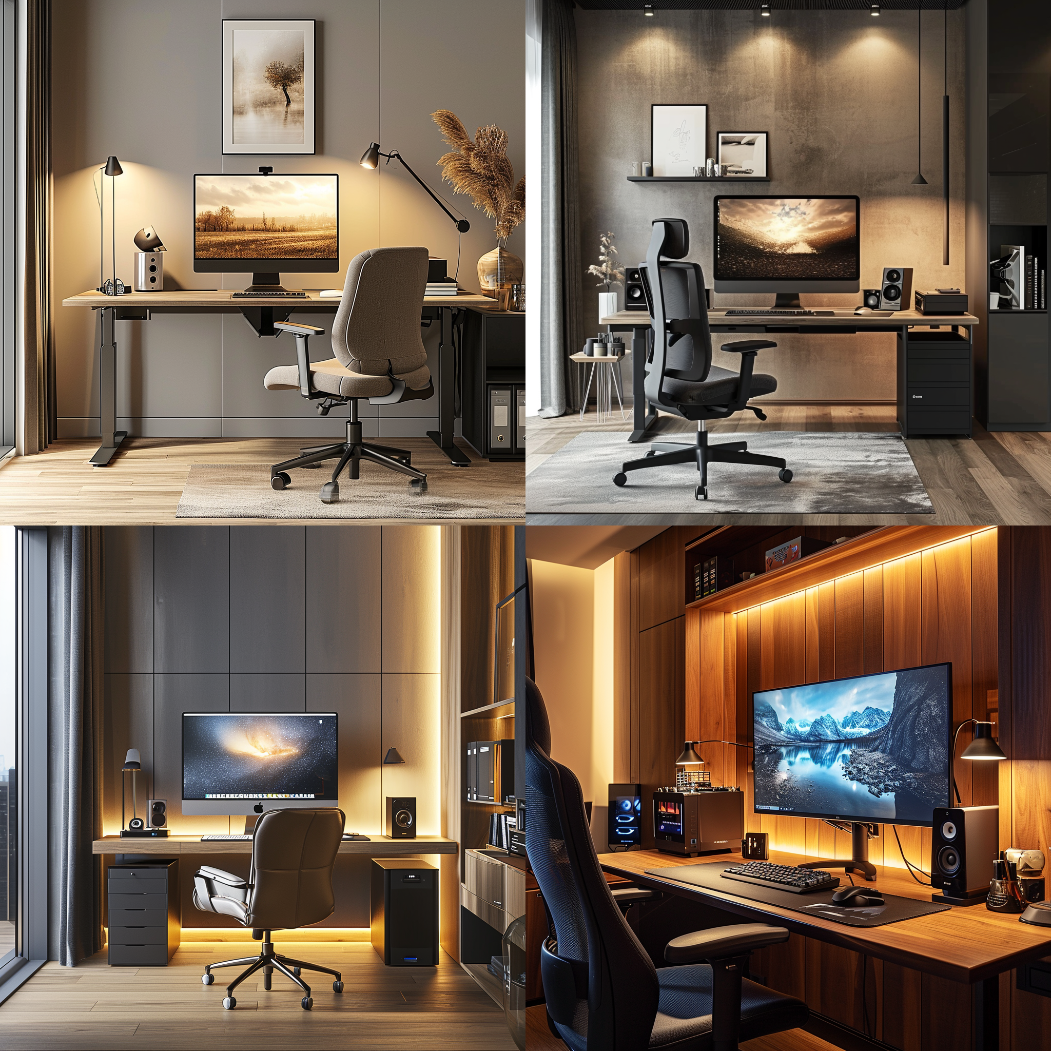 电脑桌现代感强烈，整洁有序。金属设计，高分辨率显示器，舒适键鼠。悬浮式音响、无线充电器。适度墙灯，充足光线和温馨氛围。调整到最佳高度的舒适办公椅。现代科技注入，空间一体化，写实风格细致精致。镜头：广角、高分辨率。颜色：柔和光芒、现代科技。情感：现代、舒适、精致。