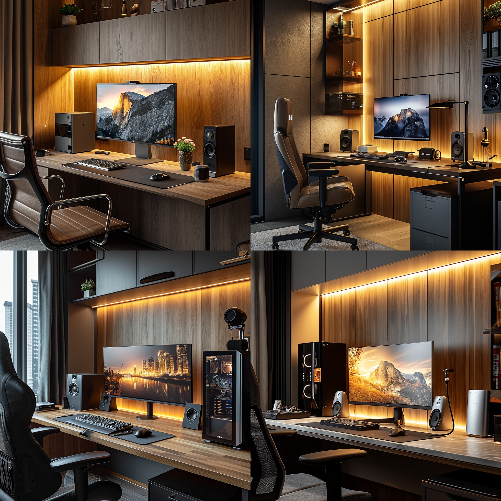 电脑桌现代感强烈，整洁有序。金属设计，高分辨率显示器，舒适键鼠。悬浮式音响、无线充电器。适度墙灯，充足光线和温馨氛围。调整到最佳高度的舒适办公椅。现代科技注入，空间一体化，写实风格细致精致。镜头：广角、高分辨率。颜色：柔和光芒、现代科技。情感：现代、舒适、精致。