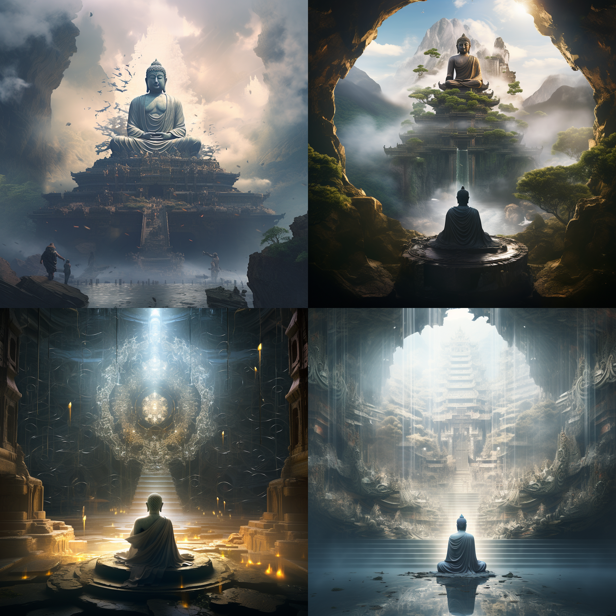 one image of an imaginary scene around a buddha, in the style of dmitry vishnevsky, interlocking structures, marcin sobas, realistic detailing, crystalcore, infinity nets, transportcore