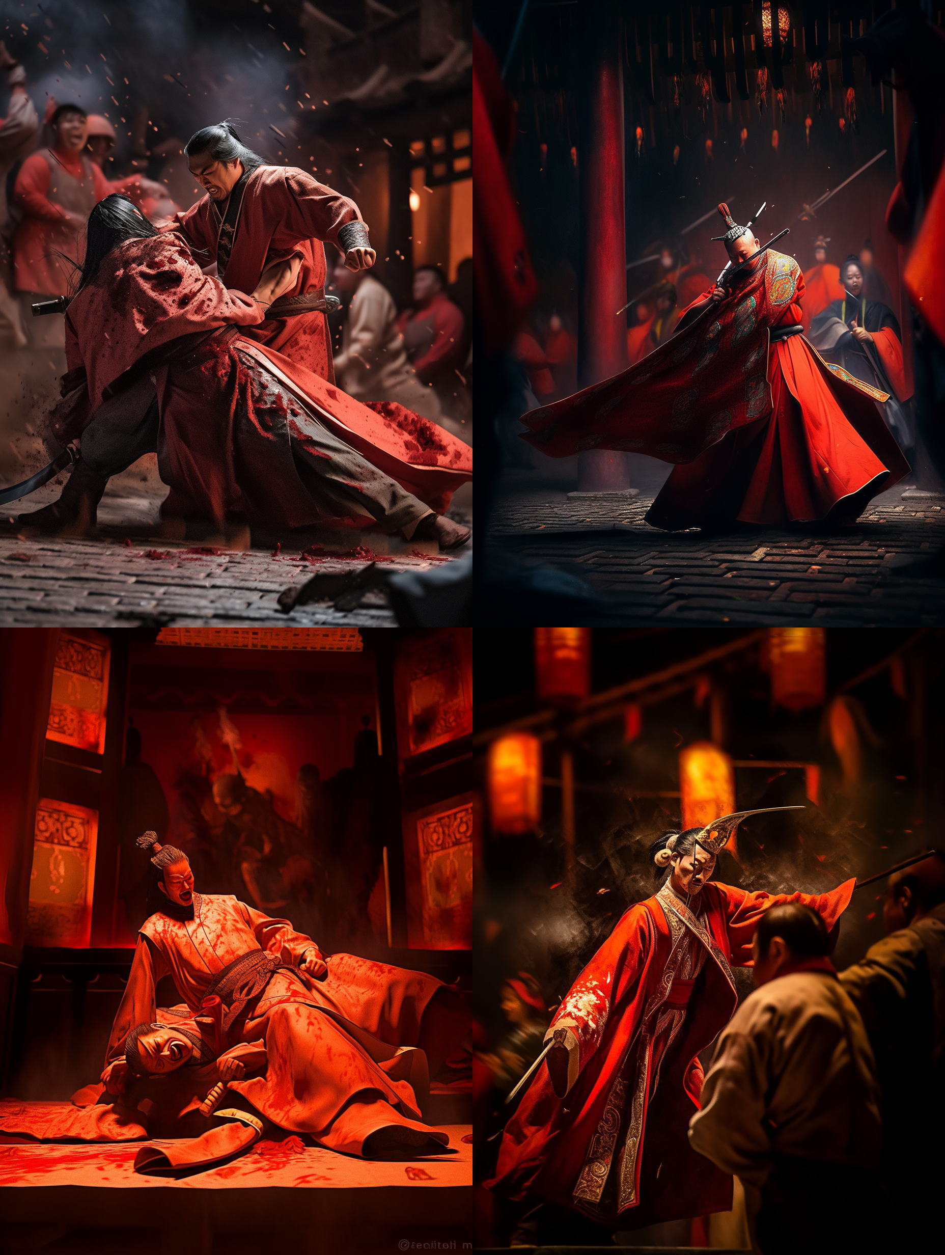 荆轲刺秦王，宫殿内，昏暗照明，尖锐透视，剧烈动作，匕首闪光，秦王惊恐，暗红色调，紧张。高速快门，广角镜头，模糊背景，戏剧性表情，夜间摄影，饱和度高，明暗对比强烈。