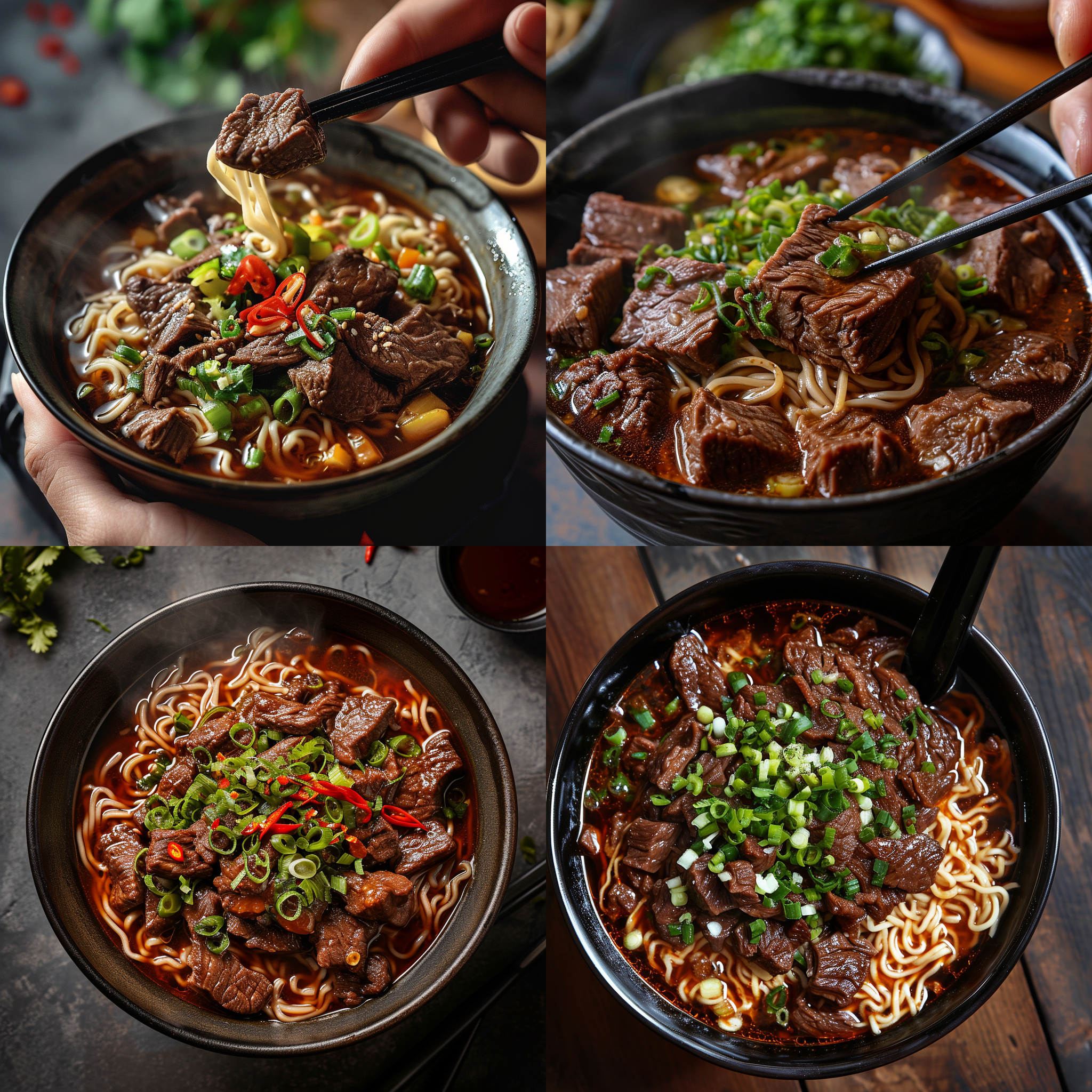 牛肉面，俯拍角度，高饱和度，热气腾腾，室内环境，长焦镜头，自然光，搅拌动作，牛肉和面条的完美搭配，丰富的色彩，美食诱惑，满足感。