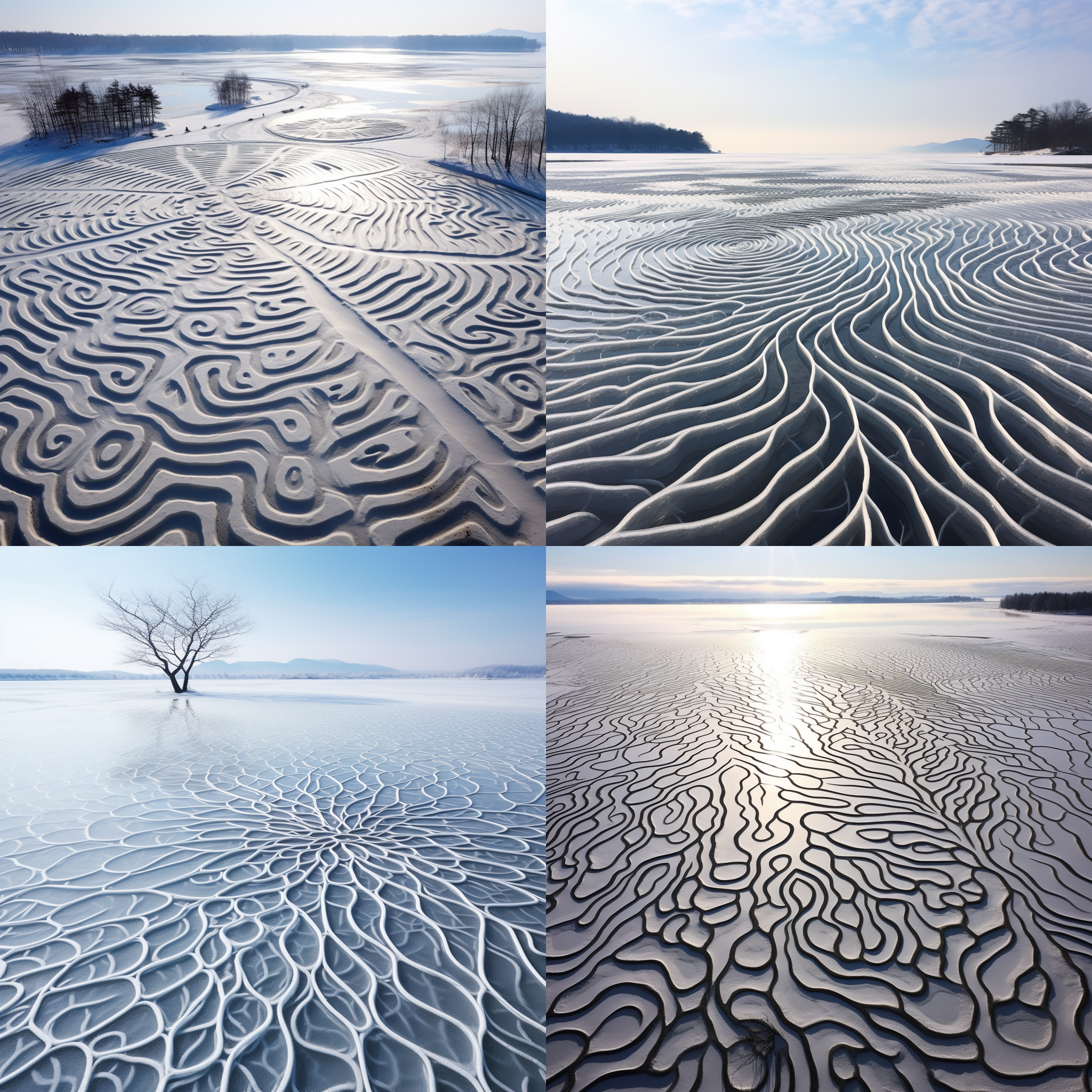 和硕金沙滩手绘图：众多自然力量的合力之下 湖面的冰裂纹形状各异 有的呈网状、树枝状、呈蛇形、环形等等 有时候 这些冰裂纹会形成各种美丽的图案 如同大自然的艺术品 这些图案有时会呈现出对称性 有时会呈现出随机性 给人们带来了无限的遐想和美感！手绘效果，唯美，艺术效果，优质量，杰作