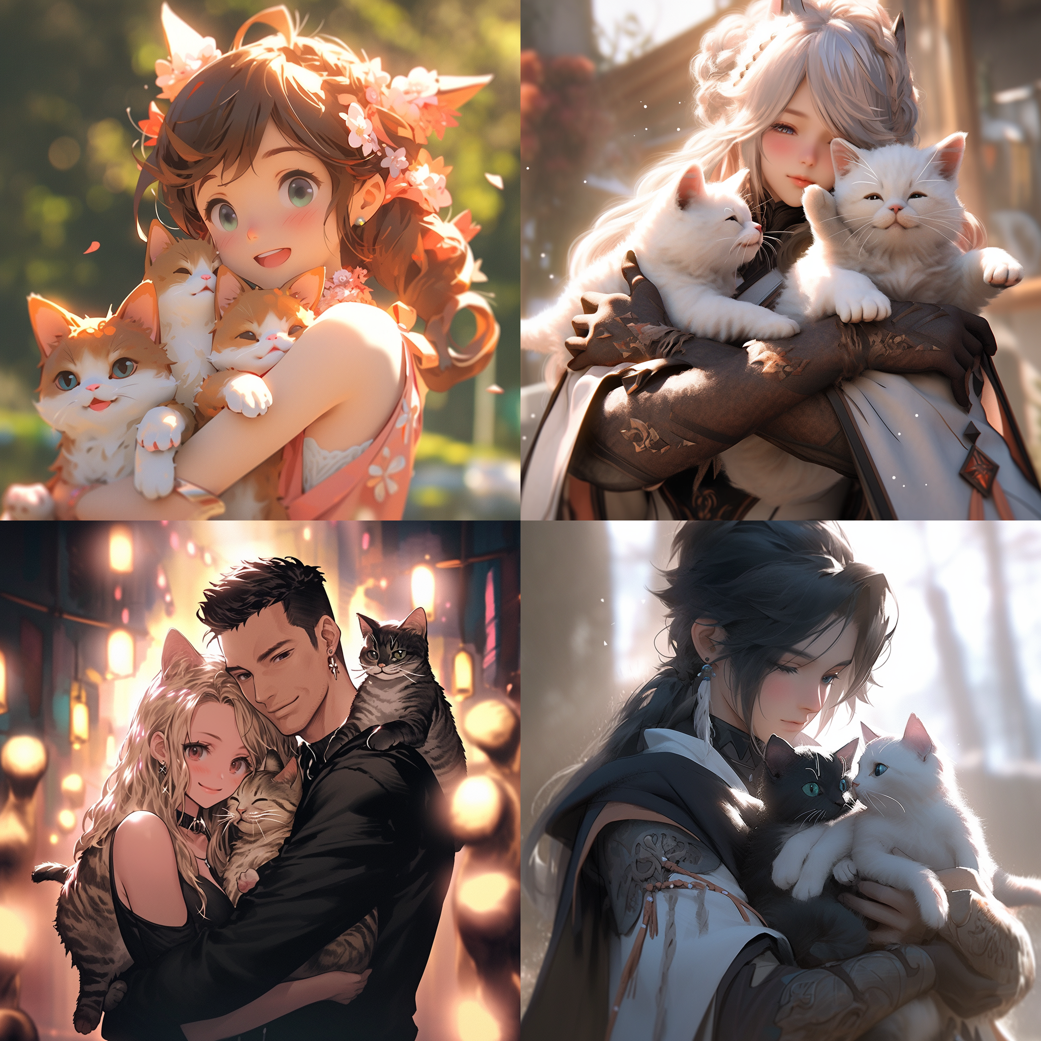 couple holding 3 cats, figure edge light ,a furry, a cute ,soft cinematic lighting, intricate details,8k ，niji 5